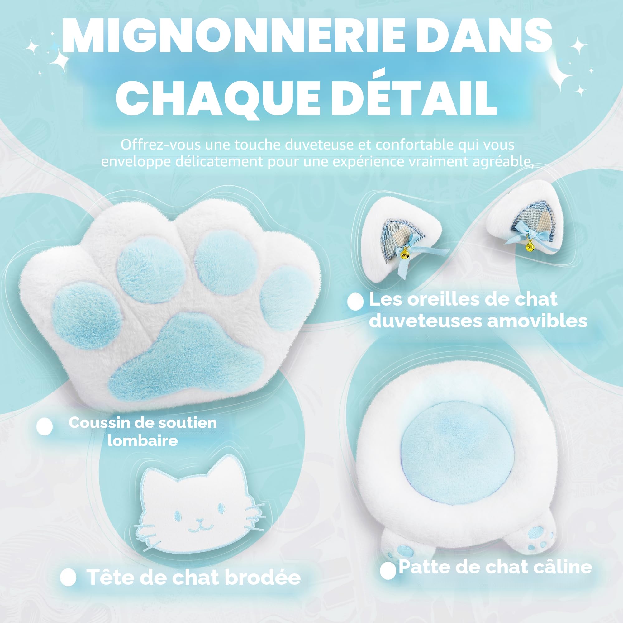 Chat Chaise Gaming Ergonomique Fauteuil Gaming avec Repose-Pieds, Coussin Lombaire et Oreilles de Chat, pour Femmes, Adultes, Adolescents, Bleu et Blanc