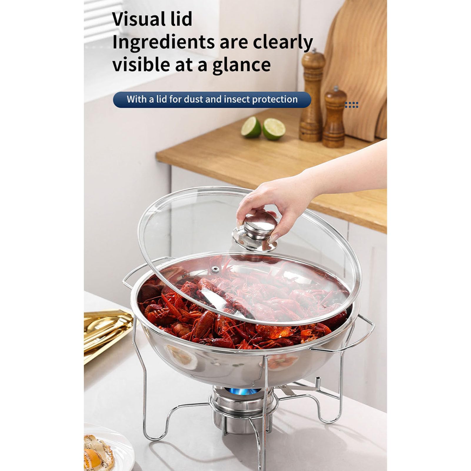 Generic Juego de Calentador de Buffet de Acero Inoxidable, Plato Redondo para Frotar con Tapa de Vidrio Ventilada para Catering y Banquetes (3.5L)