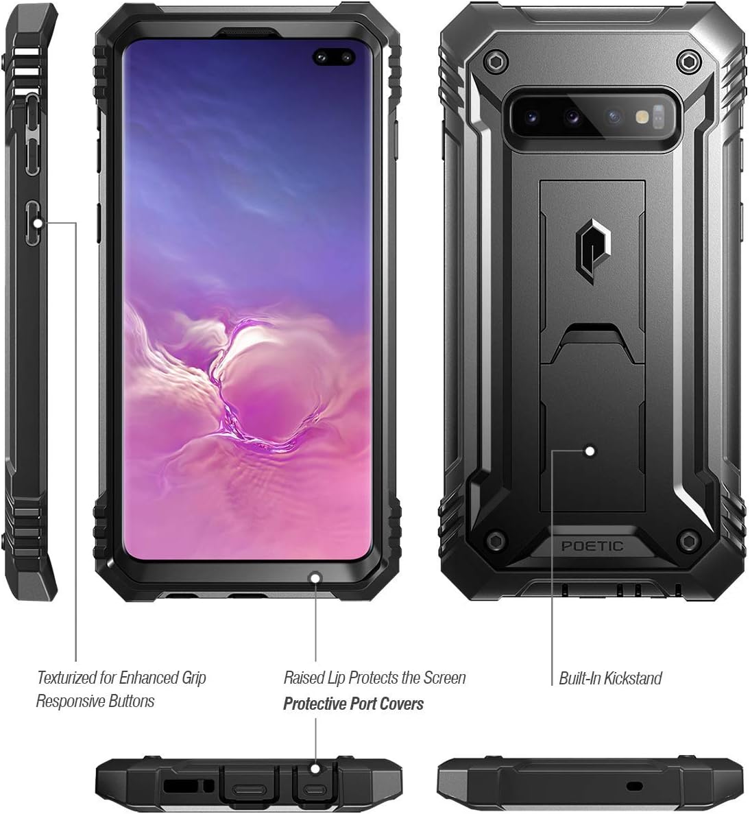 Poetic Galaxy S10 Plus Rugged Case with Kickstand, Heavy Duty Military Grade Full Body Cover, Without Built-in-Screen Protector, Revolution Series, for Samsung Galaxy S10+ Plus 6.4 Inch (2019), Black