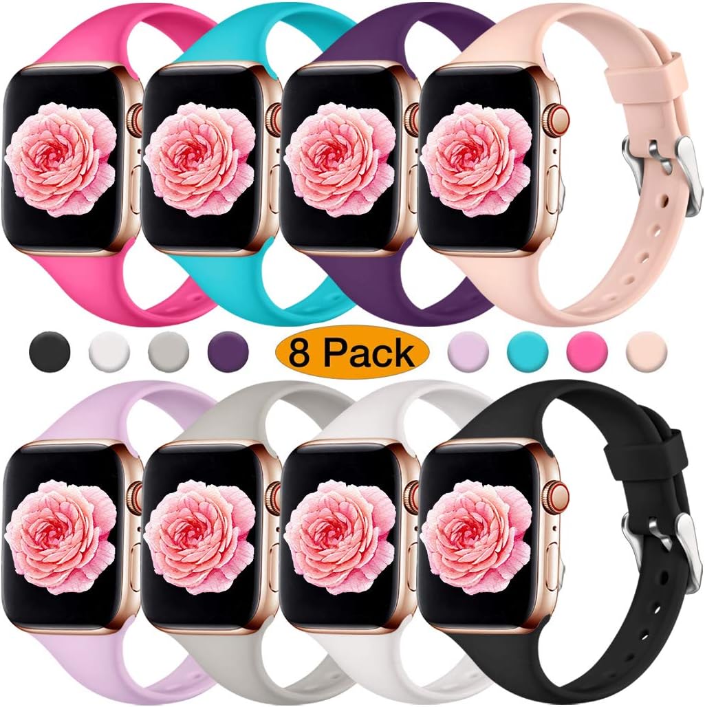 Henva Slim Band Compatible with Apple Watch SE 40mm 38mm, Soft Comfortable Band Compatible for iWatch Series 6 5 4 3 2 1, 8 Pack, S/M