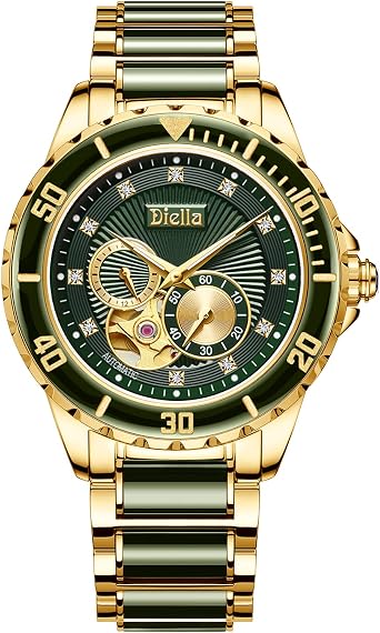 Diella Mens Automatic Mechanical Wrist Watches, Luxury Skeleton Watches for Men with Black Green Jade & Steel Strap