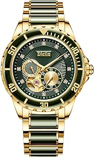 Men's Automatic Mechanical Wrist Watches Luxury Skeleton Watches for Men with Black Green Jade & Stainless Steel Strap (Model: AD6025G)