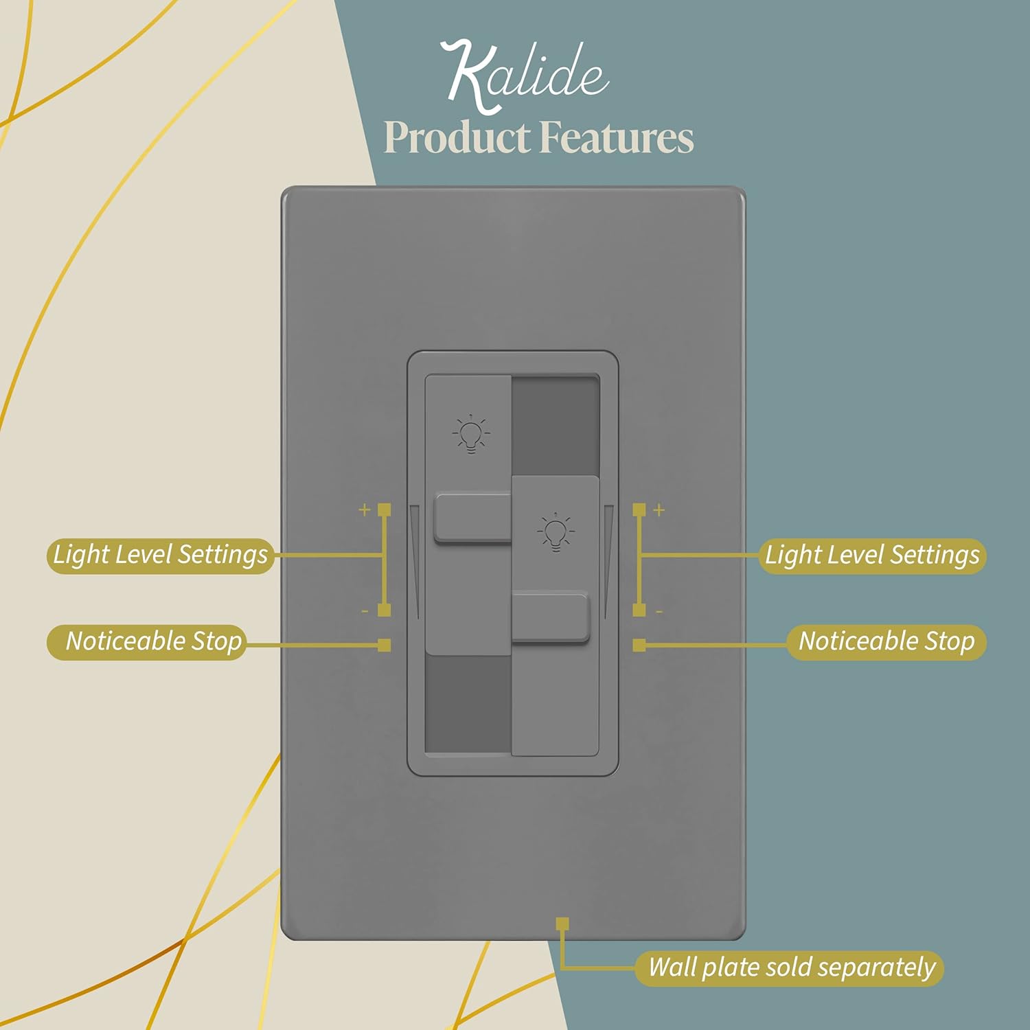 Diagram showing Kalide dimmer features: light level settings and noticeable stops on sliders.