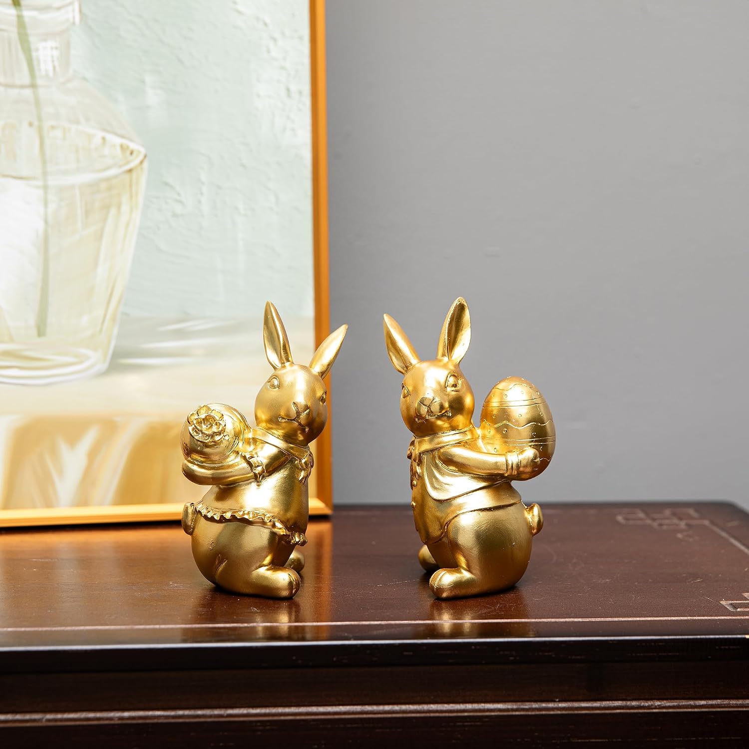 Steviieden Small Bunny Decor Set of 2, Spring Easter Decor Rabbit Figurines, Bunny Statue Tabletopper Decorations for Party Home Holiday, Cute Rabbit Easter Gifts, Gold