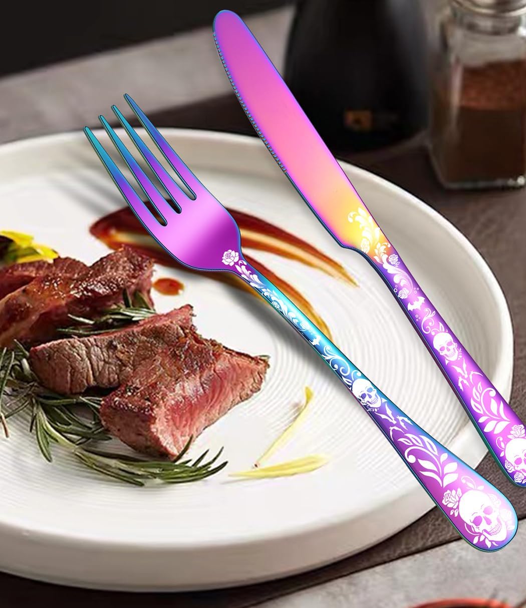 XIAOYU 40 Piece Halloween Skeleton Silverware Set, Tableware Cutlery Set Service for 8, Forks Knives Spoons Sets with Gothic Skull Flower Pattern, Stainless Steel Flatware Set Utensils for Kitchens