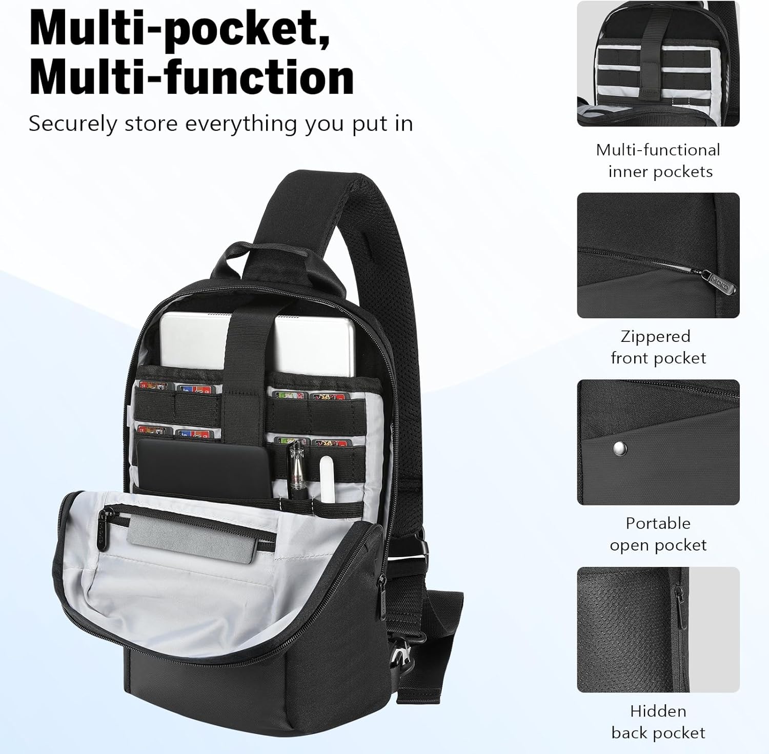 MoKo 9-11 inch Sling Bag Backpack for 11-inch iPad Pro M5/M4, iPadAir M3/M2, iPad A16, Compact EDC Daypack Crossbody Shoulder Bag Travel Carrying Case for Switch 2/OLED/Steam Deck/Rog Ally X, Black