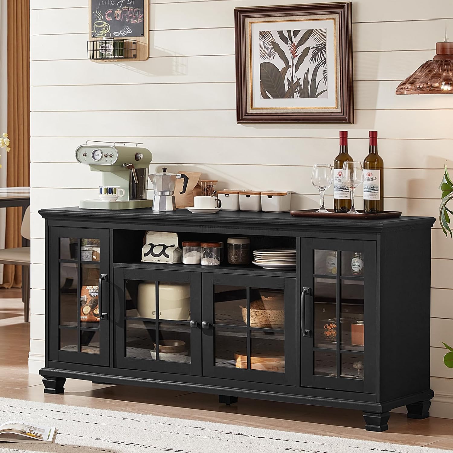 0-Inch Sideboard Buffet with Glass Doors, Black | 60-inch Wood Buffet with Four Glass Doors, Adjustable Shelves and Open Storage for Tableware |-image-20