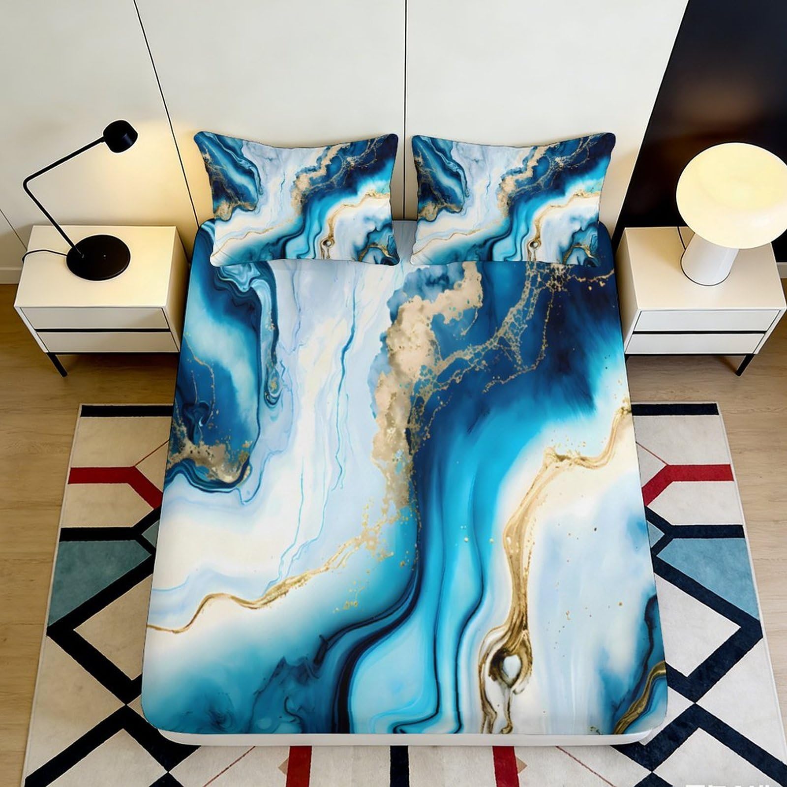 3D Printed Ocean Marble Fitted Sheet Microfiber Blue Gold Abstract Wave Mattress Cover Bedroom Decor 120x200x25cm