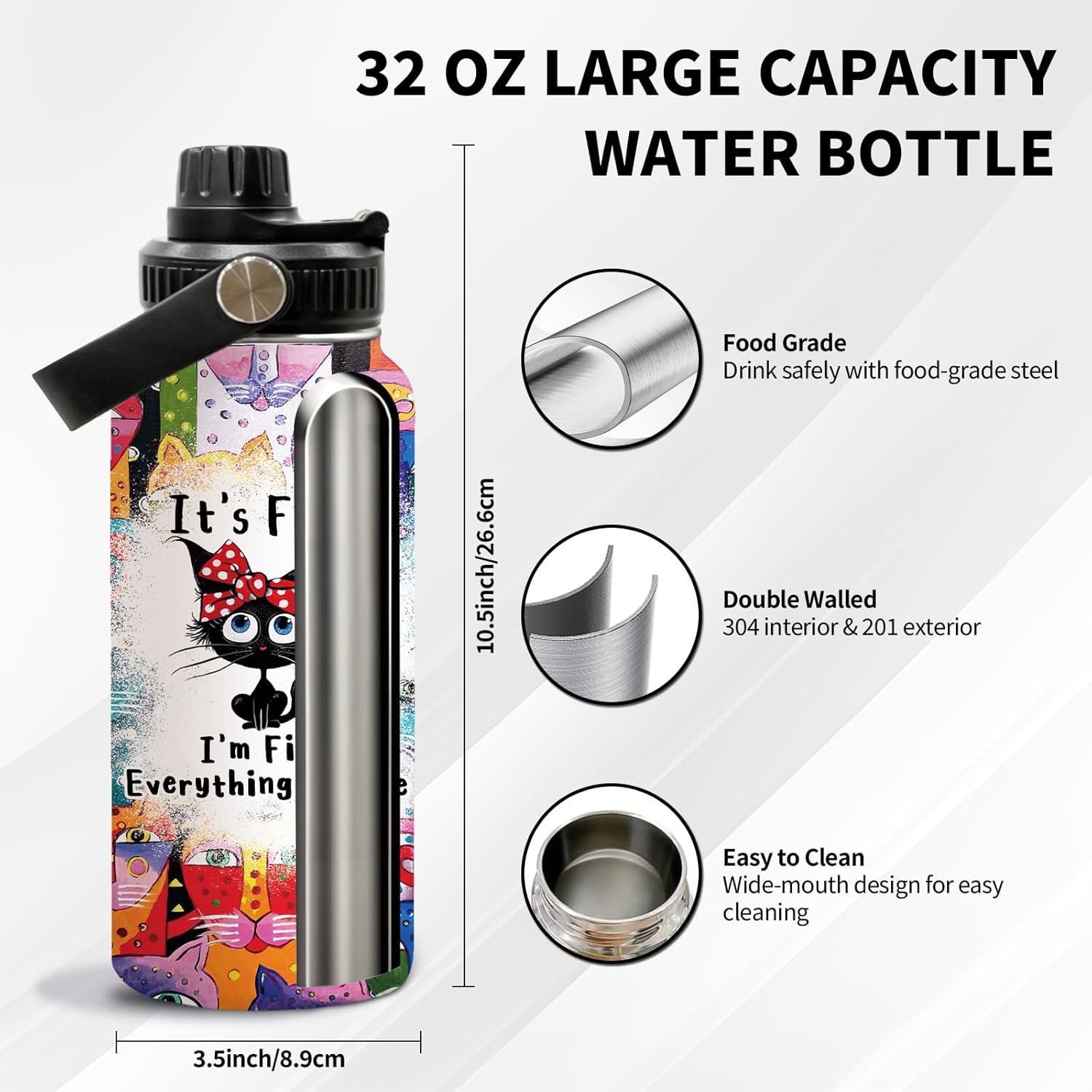 Cat Gifts for Women, Funny Black Cat Water Bottle Cup Tumbler with Lid 32oz Everything Is Fine, Cats Themed Gift for Mom Girls Friends, Cats Lovers Gift for Thanksgiving Christmas, 1 PCS - Image 2