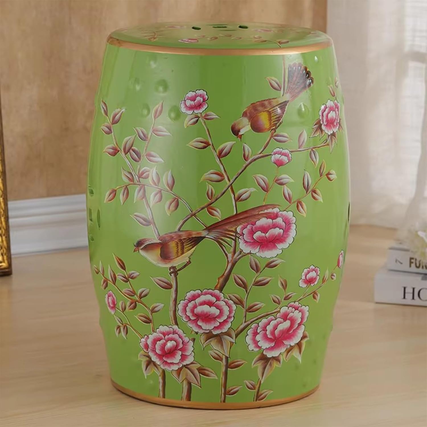 Ceramic Garden Stool Table Drum Accent Stools, Floral Bird Decorative Patio Stool, Hand-Painted Glazed Accent Furniture For Living Room Balcony, Ceramic Side Table For Home Decor(Classic Green)