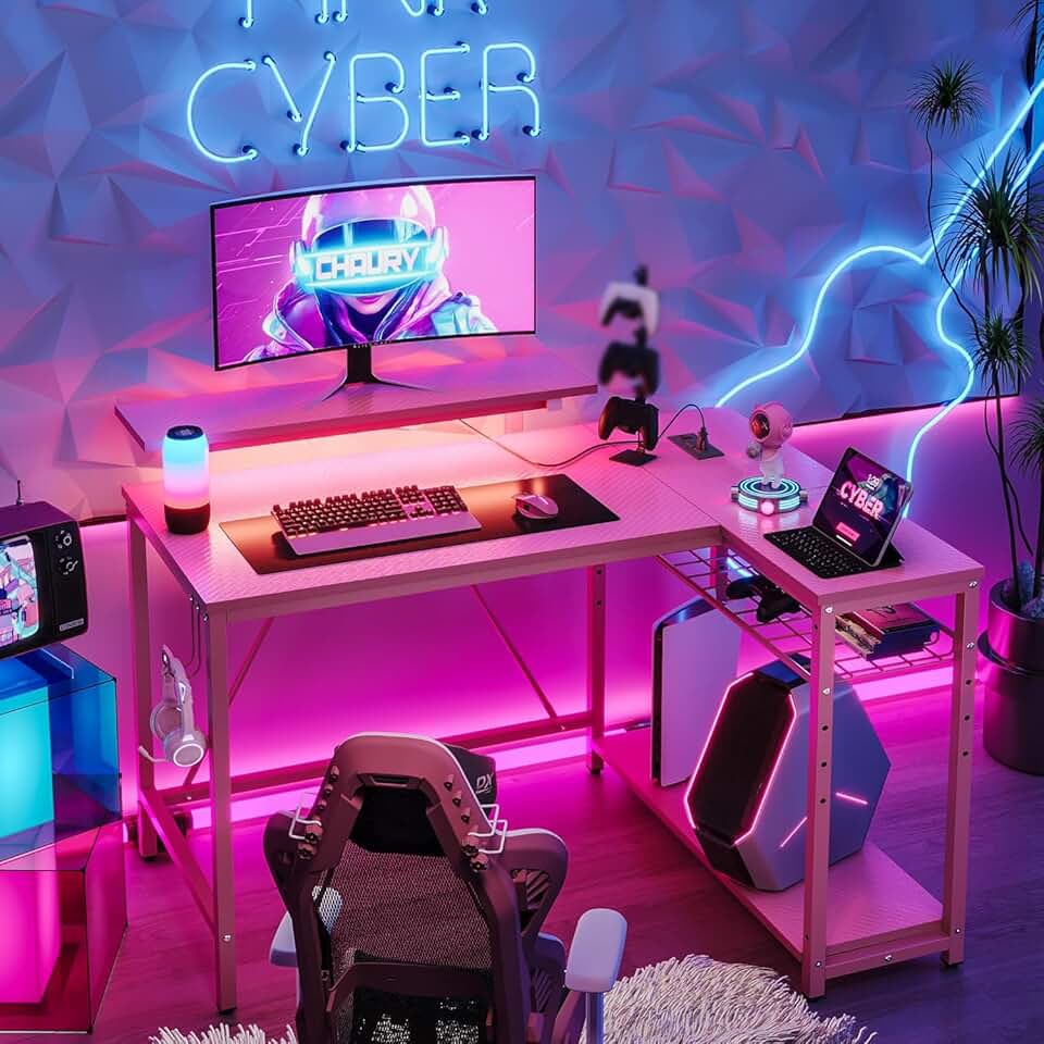Bestier Pink Computer Desk with Power Outlets,42 LED Small Gaming Corner Desk with Reversible Storage Shelves,L Shaped Desk with Headset Hooks Studying and Workstation Desk for Office and Bedroom