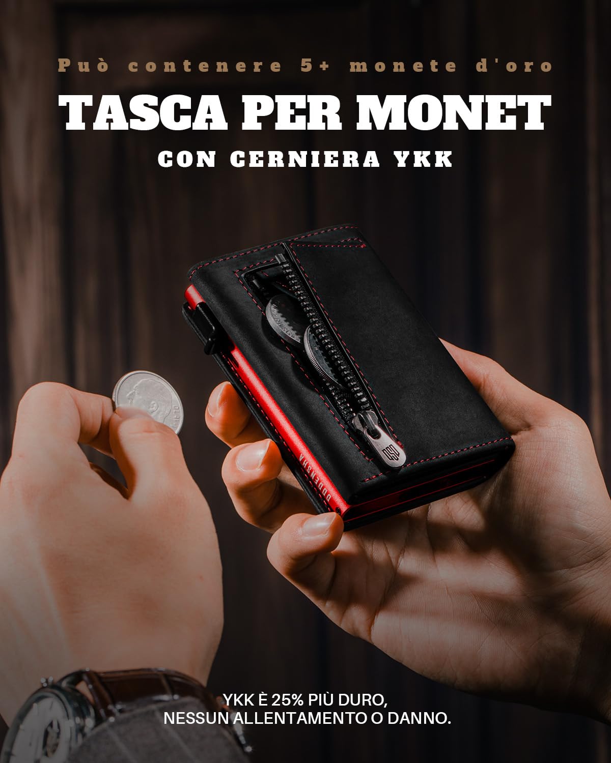 DODENSHA MagSnap Portafoglio da uomo sottile con scomparto per monete, portafogli da uomo per 10 carte di credito, chiusura magnetica, portamonete, protezione RFID (Nero/Rosso)