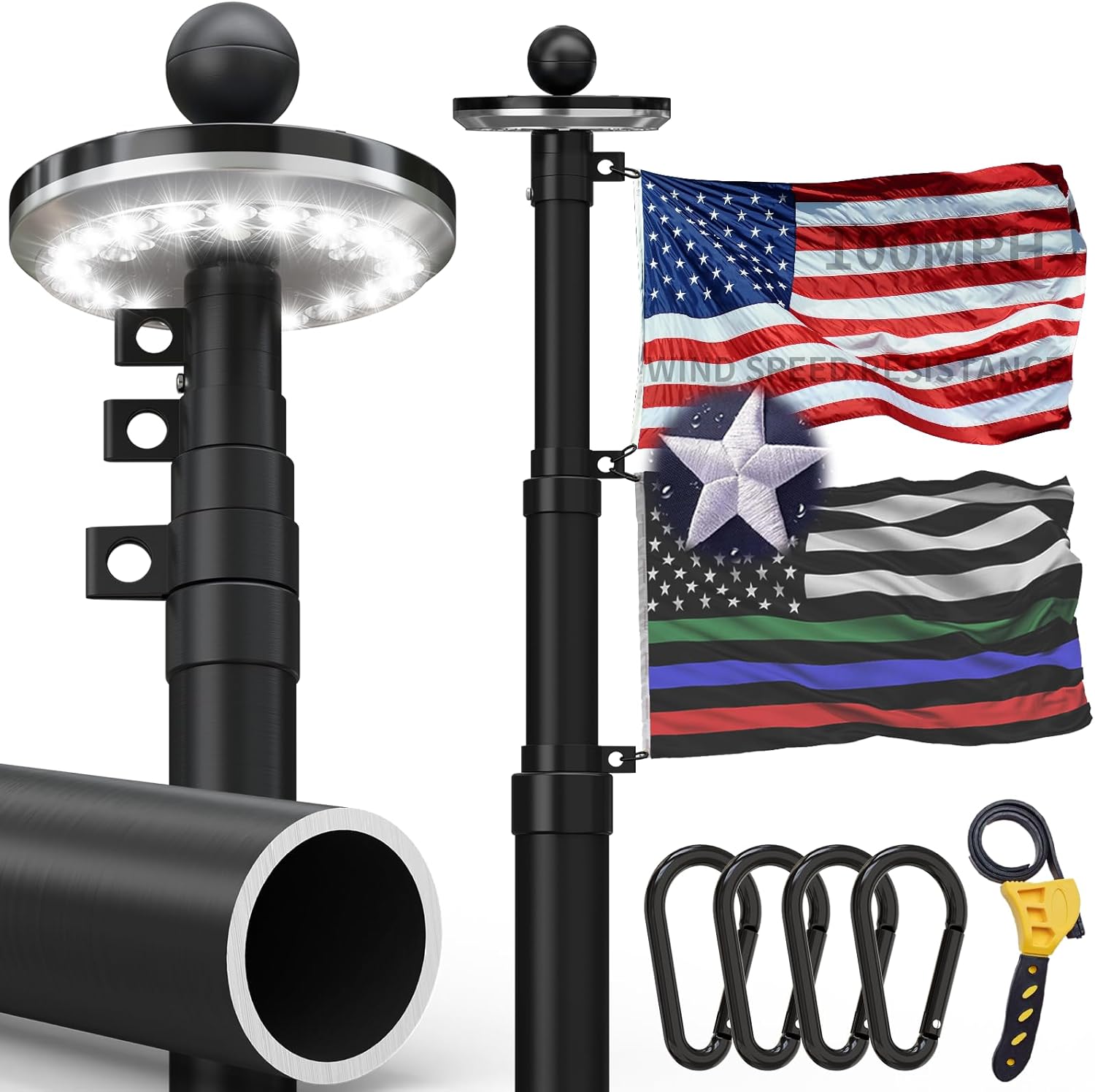 Telescoping Flag Pole Kit with Solar Light,20FT 11 Gauge Heavy Duty Aluminum Flagpole,26 LED 10H Auto Lighting,100MPH Wind Resistant Anti-Rust Flag Pole with 3x5 Embroidered Flag for Outdoor House