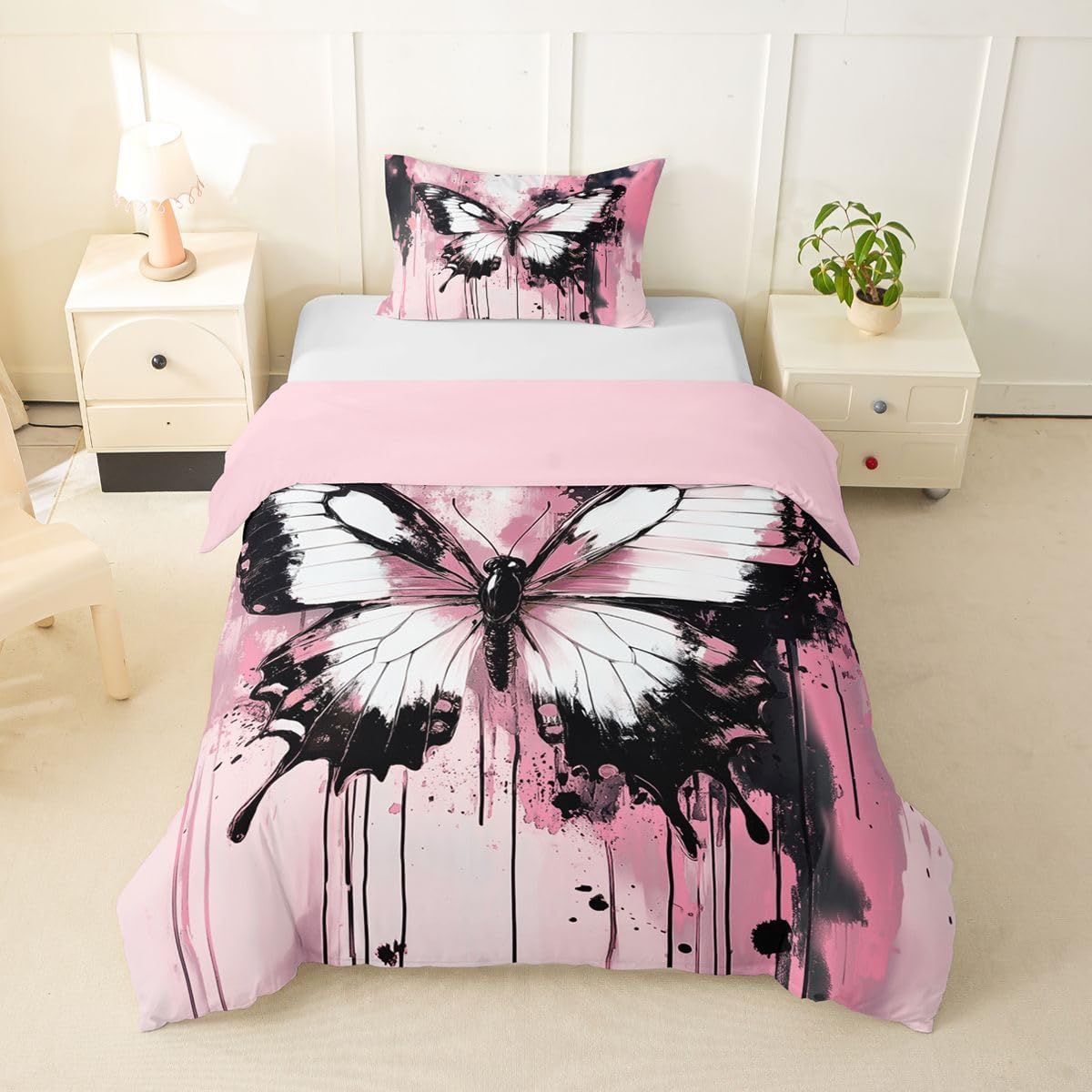 Feelyou Girls Butterfly Duvet Cover Toddler Size Abstract Bedding Set for Boys Girls Modern Art Comforter Cover Black Pink Bedroom Decor 2Pcs
