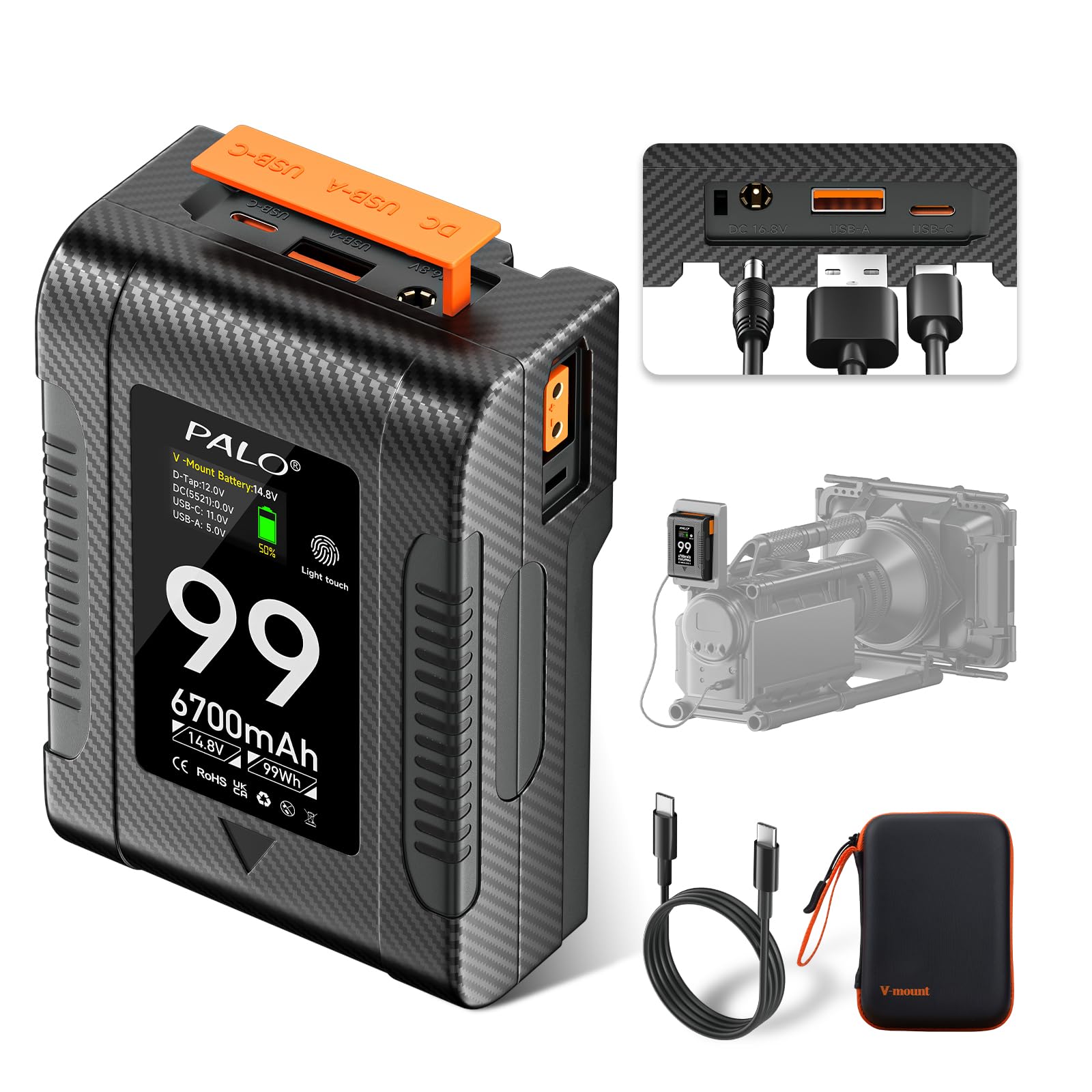 Batería V-Mount 99Wh 6700mA 14.8V, PD65W USB-C Battery V-Mount Carga rápida con Pantalla OLED, USB-C/BP/Dual D-Tap (Entrada/Salida), Salida DC/USB-A (PD65W) para cámara videocámara