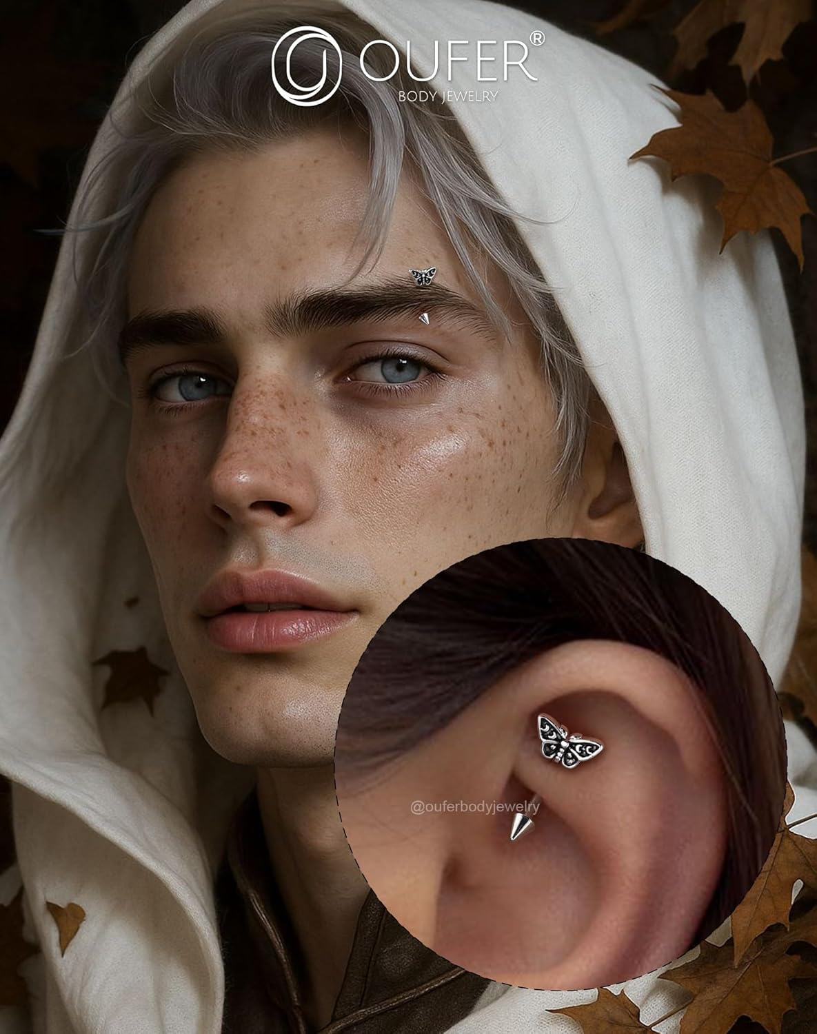 OUFER Halloween Moth Rook Eyebrow Piercing Jewelry, 316L Surgical Steel Rook Earrings for Women Men, Spooky Eyebrow Rings, 16G Curved Barbells, Halloween Body Piercing Jewelry-8mm - Image 2