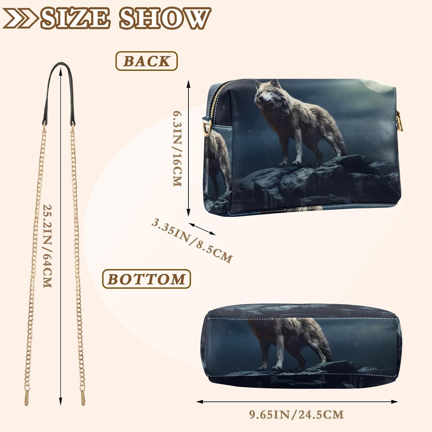 Moon Night Wolf Women's PU Leather Crossbody Bag Shoulder Handbag Cellphone Purse with Metal Chain Strap Water Resistant Zipper Closure