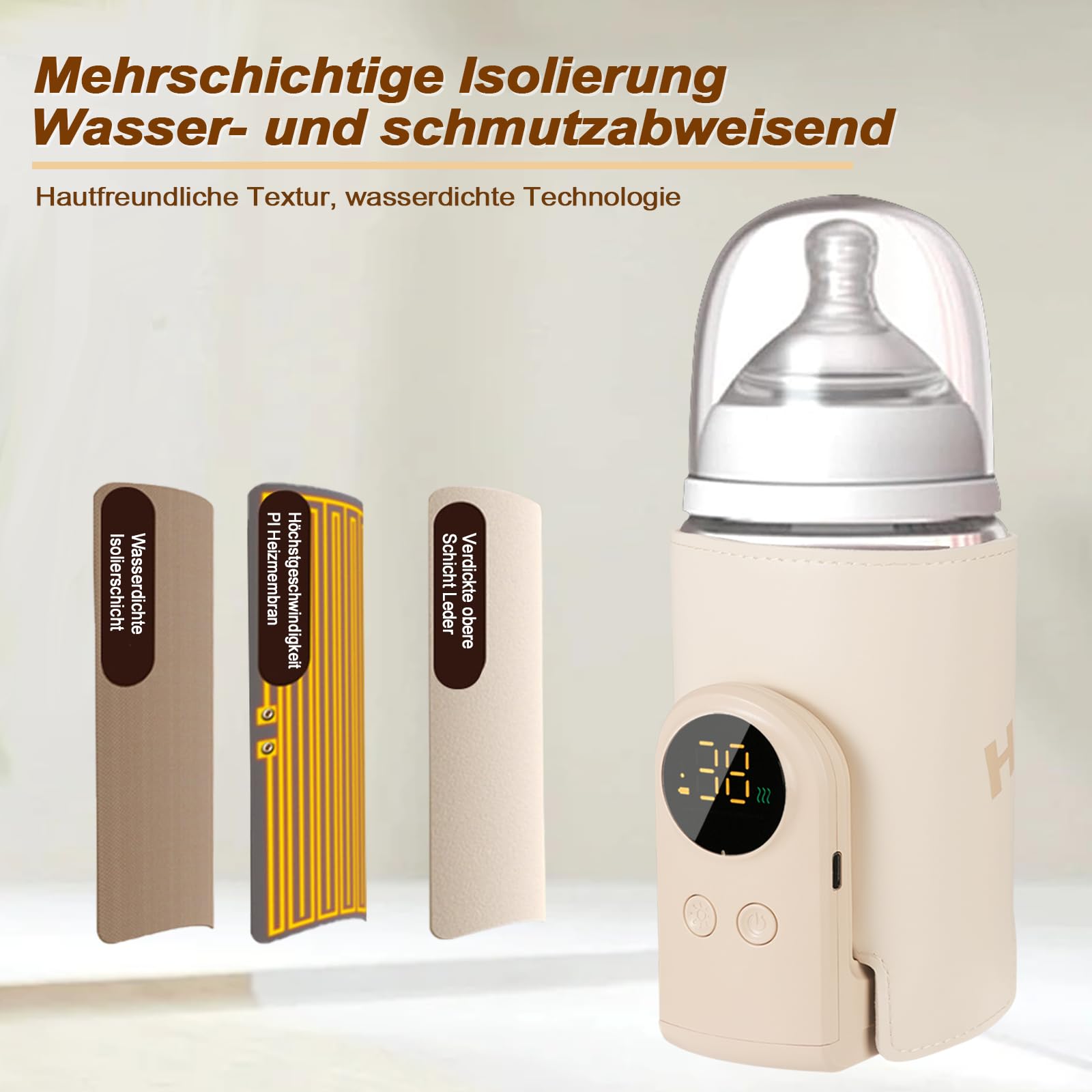 Flaschenwärmer Baby unterwegs mit 6-Temperaturstufen (38°C-50°C) - USB-C Flaschenwärmer für Unterwegs, Kompakt in Reisegröße, Intelligentes LCD & Thermikontrolle für Milch/Beikost (Gelb)