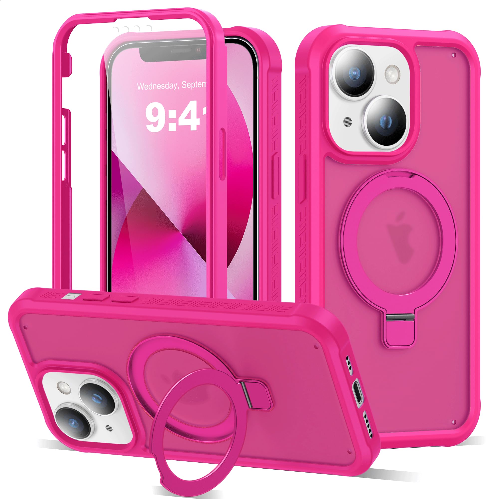 Custodia compatibile con iPhone 14/13 con supporto magnetico ad anello [compatibile con Mag-Safe] [protezione dello schermo integrata] Custodia per telefono opaca antiurto di grado militare,