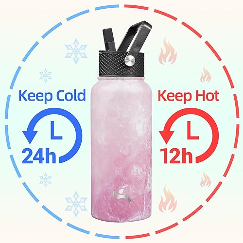 Miniatura 2 de Botella de agua con aislamiento térmico de acero inoxidable de 32 onzas con 3 tapas, flor de mármol