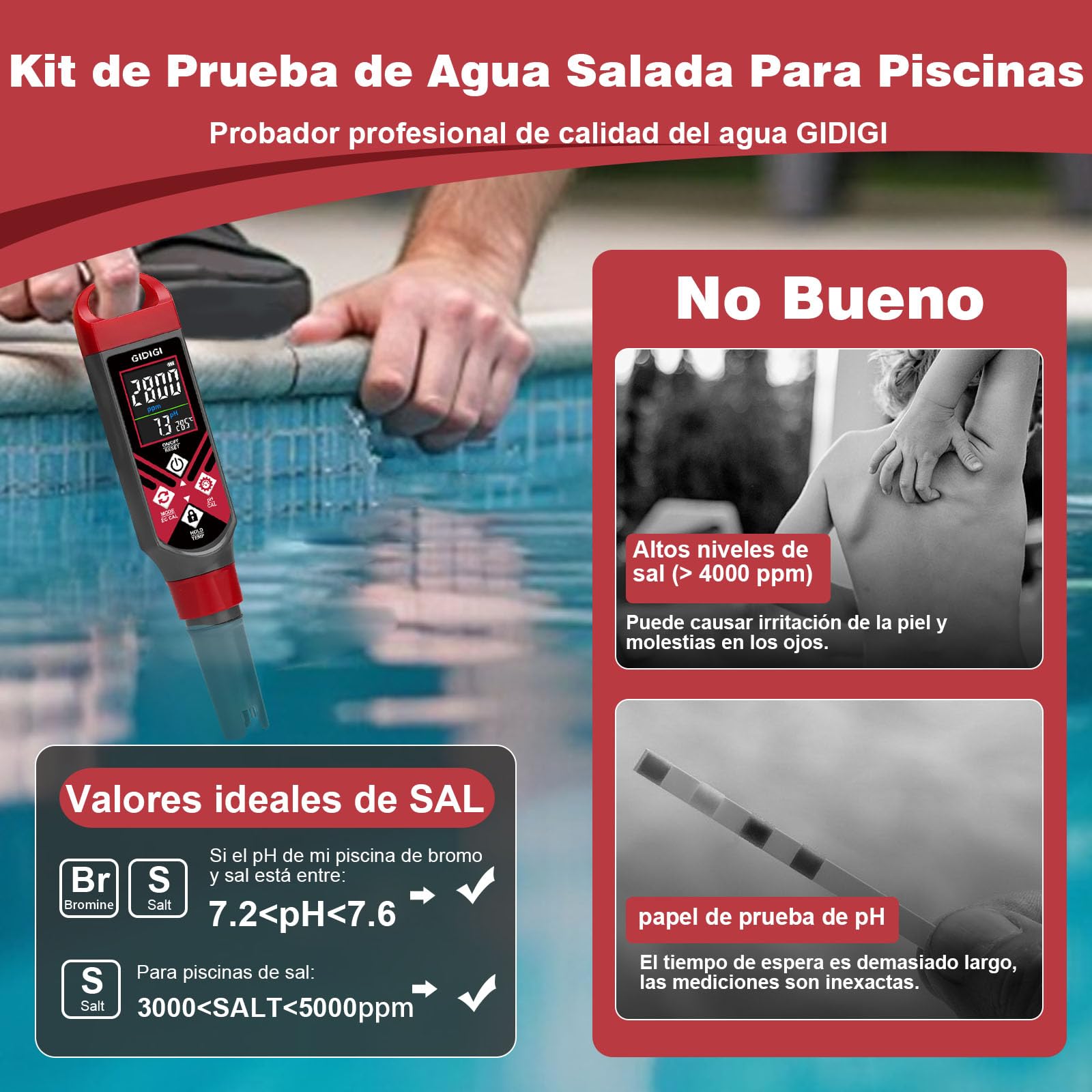 Medidor Digital 5 en 1 Salinidad pH EC TDS con Pantalla Color y Solución Calibración para Piscinas Agua Salada Acuarios Hidroponía