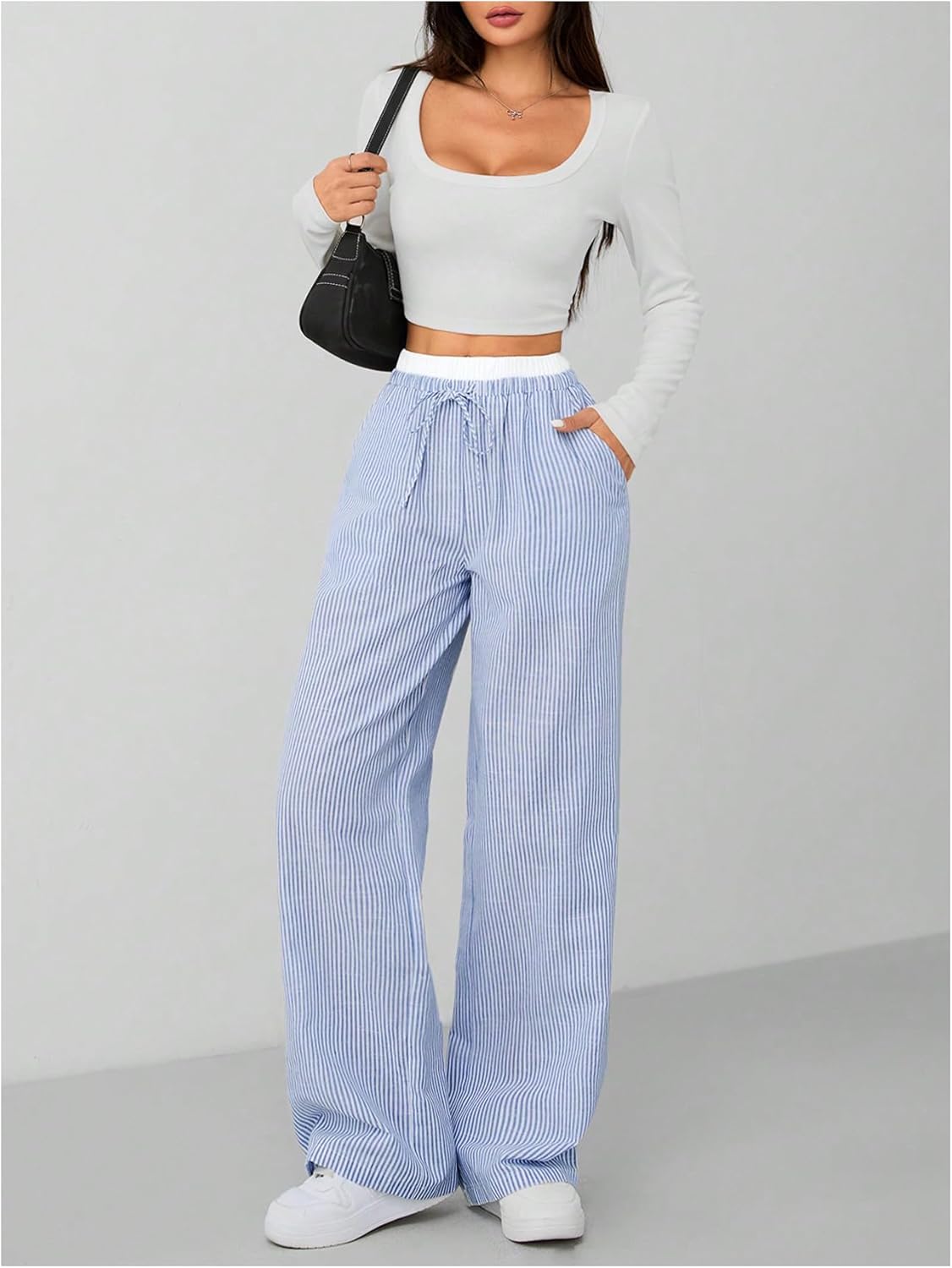 Floerns Women's Striped Wide Leg Pants High Elastic Waist Casual Trousers with Pockets - Image 5