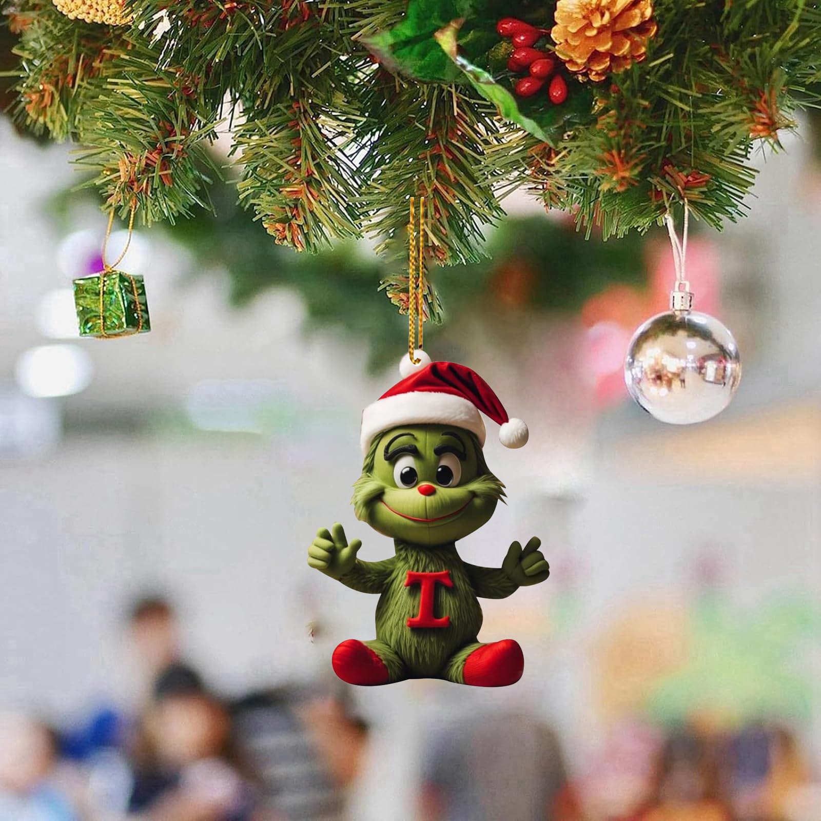 2023 Christmas Tree Decoration,1Pcs Christmas Tree Grinches Baby Letter-T Acrylic Pendant, Funny Green Xmas Tree Accessories Christmas Pendants Hanging,Cute Cartoon Hat Grinchs Christmas Ornament