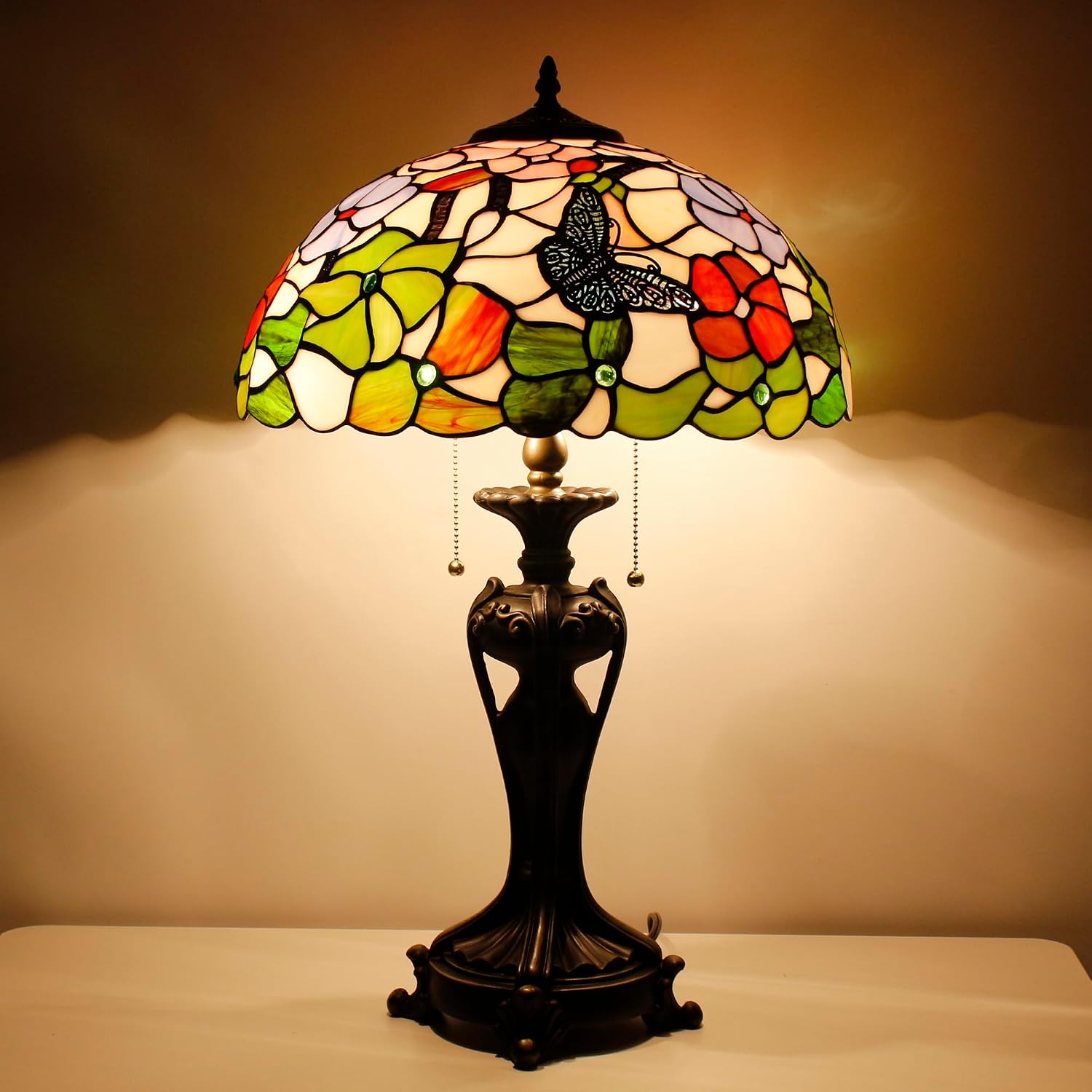 Tiffany Lamp(2 Lights) Stained Glass Table Lamp Bedside Desk Reading Light 16X16X24 Inch Decor Bedroom Living Room Home Office (Butterfly Flowers)