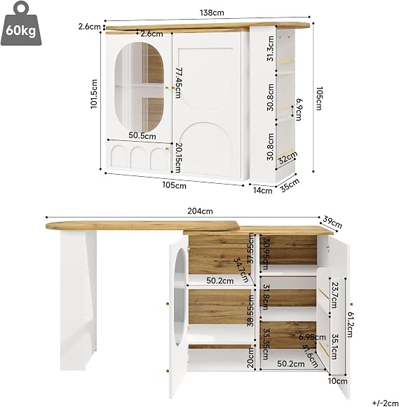 360° Rotating Bar Table with Glass Doors & 3-Tier Side Shelf,White Coffee Bar & Kitchen Island Furniture,Extendable Sideboard with Storage,Modern Home Buffet Table
