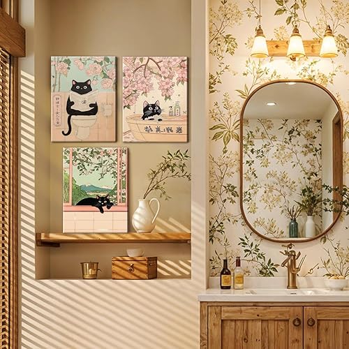Miniatura 5 de Juego de 3 lienzos japoneses de pared para baño, divertidos cuadros de decoración de pared de gato negro, bonitos pósteres de baño, impresiones para