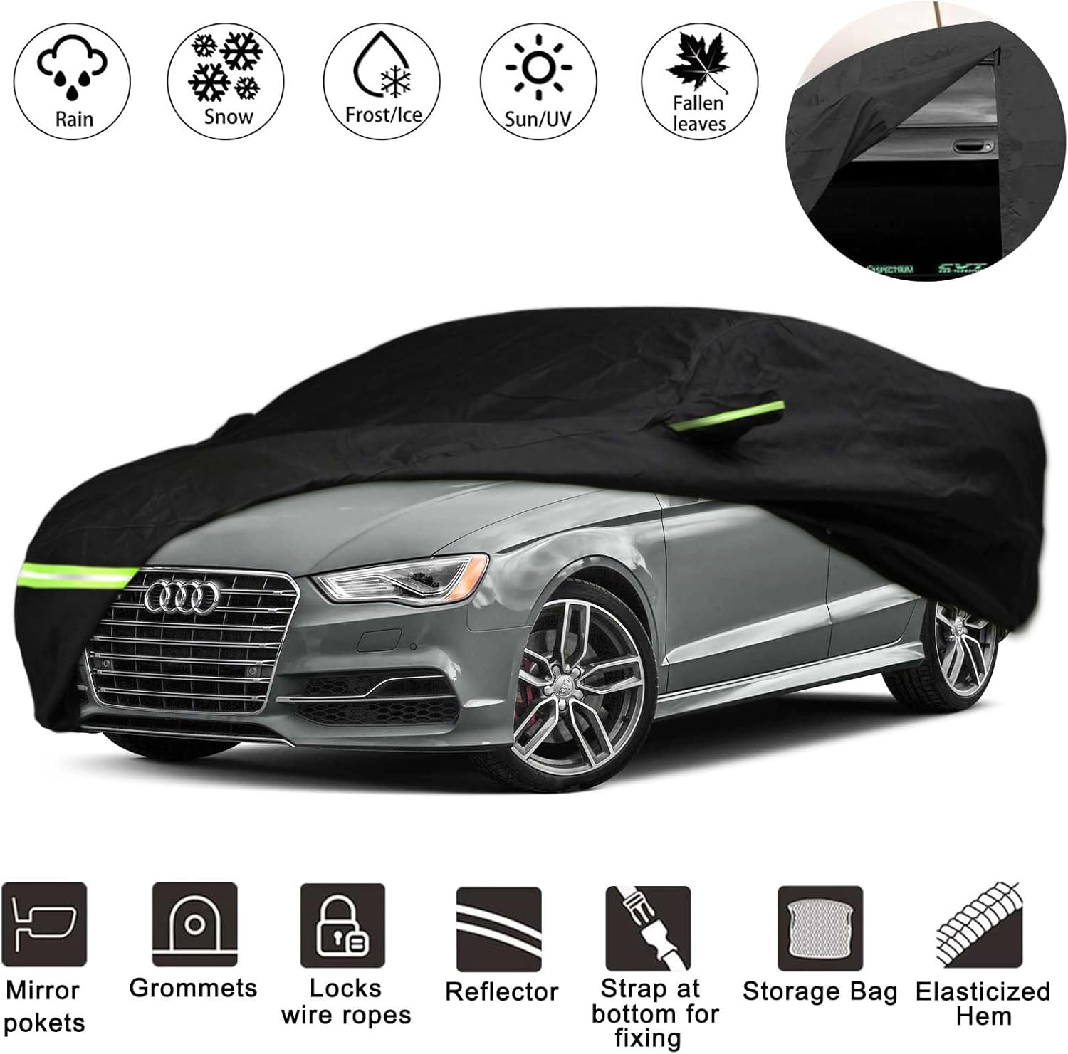 YIXIN Waterproof Car Cover for 2013-2024 Audi A3/S3 Car Cover Custom Fit 100% Waterproof Windproof Strap & Single Door Zipper Bands for Snow Rain Dust Hail Protection