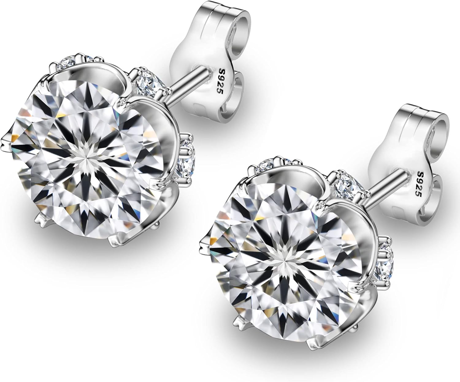 18K White Gold Plated Round Cubic Zirconia Simulated Diamond Stud Earrings Solid Sterling Silver Post Sparkly CZ Studs Earrings for Women Men - Image 2