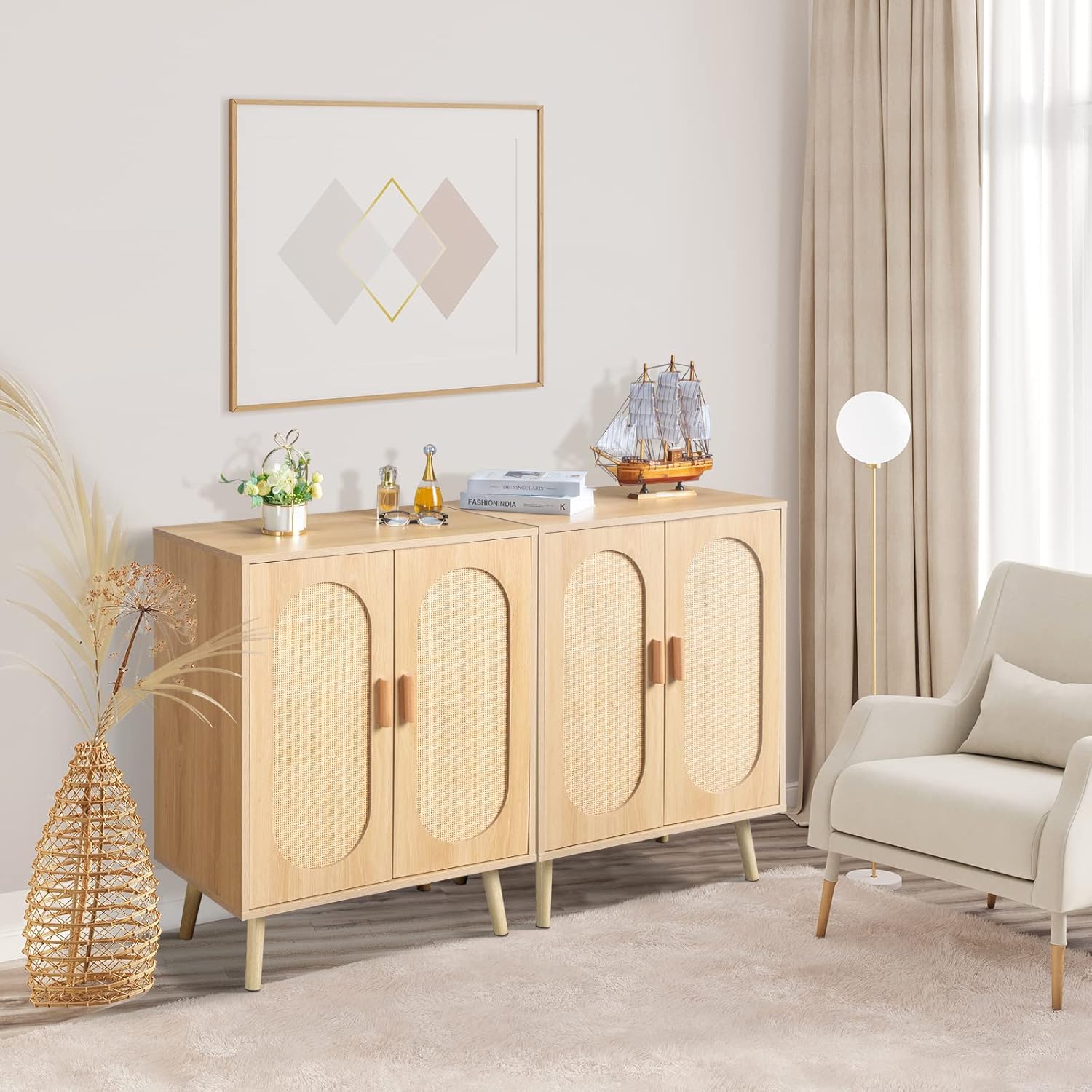 Rattan Shoe Cabinet for Entryway,4 Tier Shoe Storage Cabinet with Adjustable Shelf and Solid Wood Leg,Freestanding Shoe Rack Storage Organizer for Hallway