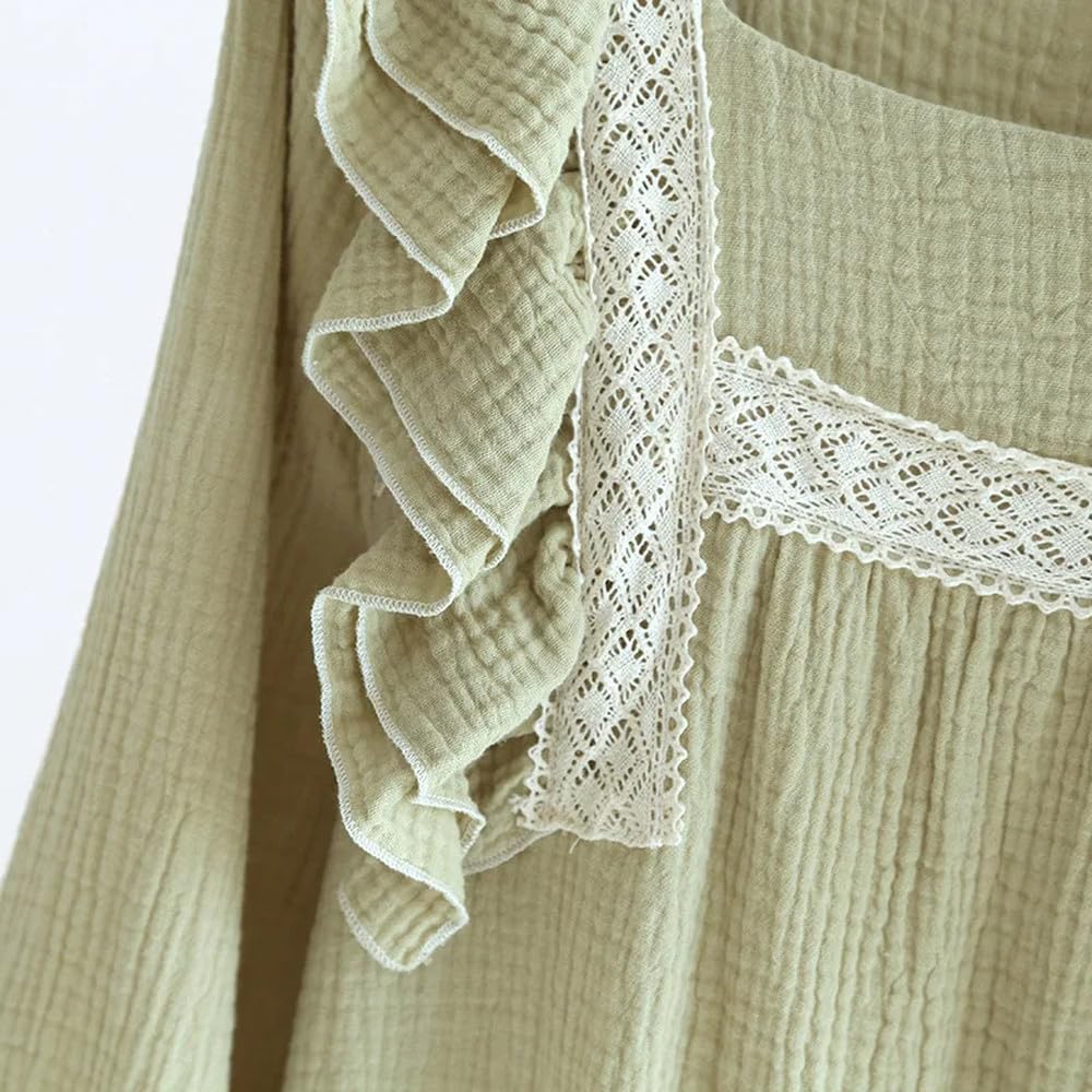 Camisón para Mujer - Primavera/Verano Señoras Camisón De Crepé De Algodón Mangas Finas De Hoja De Loto Cuello Cuadrado Color Sólido Vestido Largo De Gran Tamaño