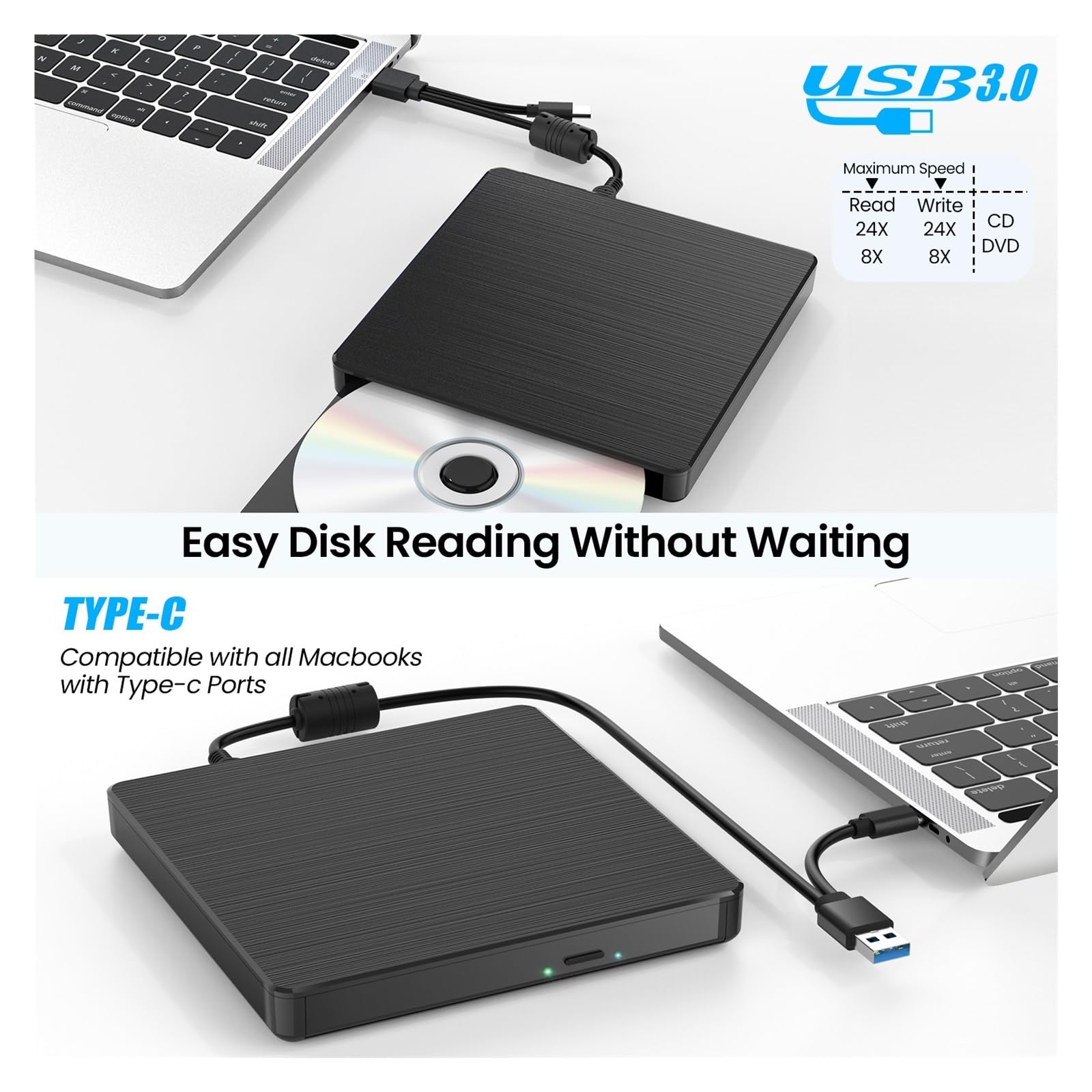 Lecteur DVD Graveur De DVD Externe USB 3.0 Et Type C, Graveur De Cartes Multifonction, Enregistreur CD/DVD, Lecteur Optique DVD RW