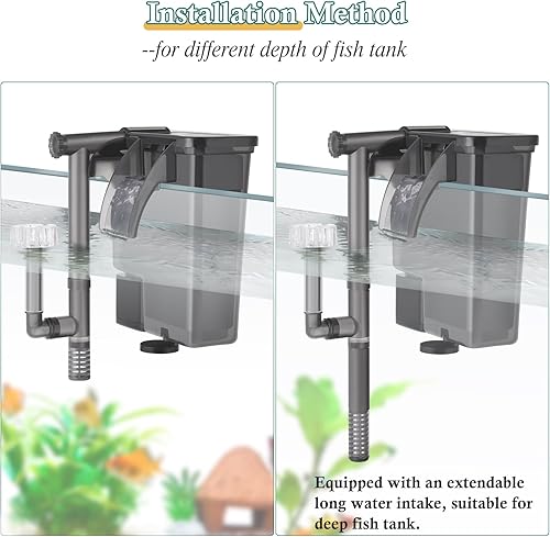 Vista 7 de Filtro de acuario para colgar de 5 W: filtro ultra silencioso para tanque de peces de 124 GPH con esponja de filtro y carbón activado, filtro