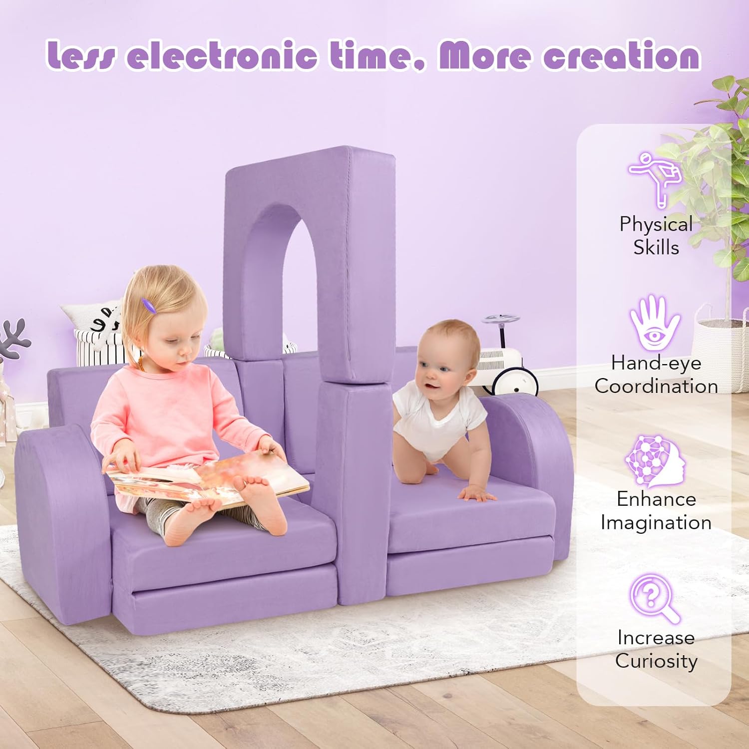 HONEY JOY Modular Kids Play Couch, 8 PCS Imaginative Convertible Foam Children Sofa, Playroom Bedroom Nursery Furniture, for Playing, Creativity, Large Toddler Couch, Gift for Boys Girls (Purple)