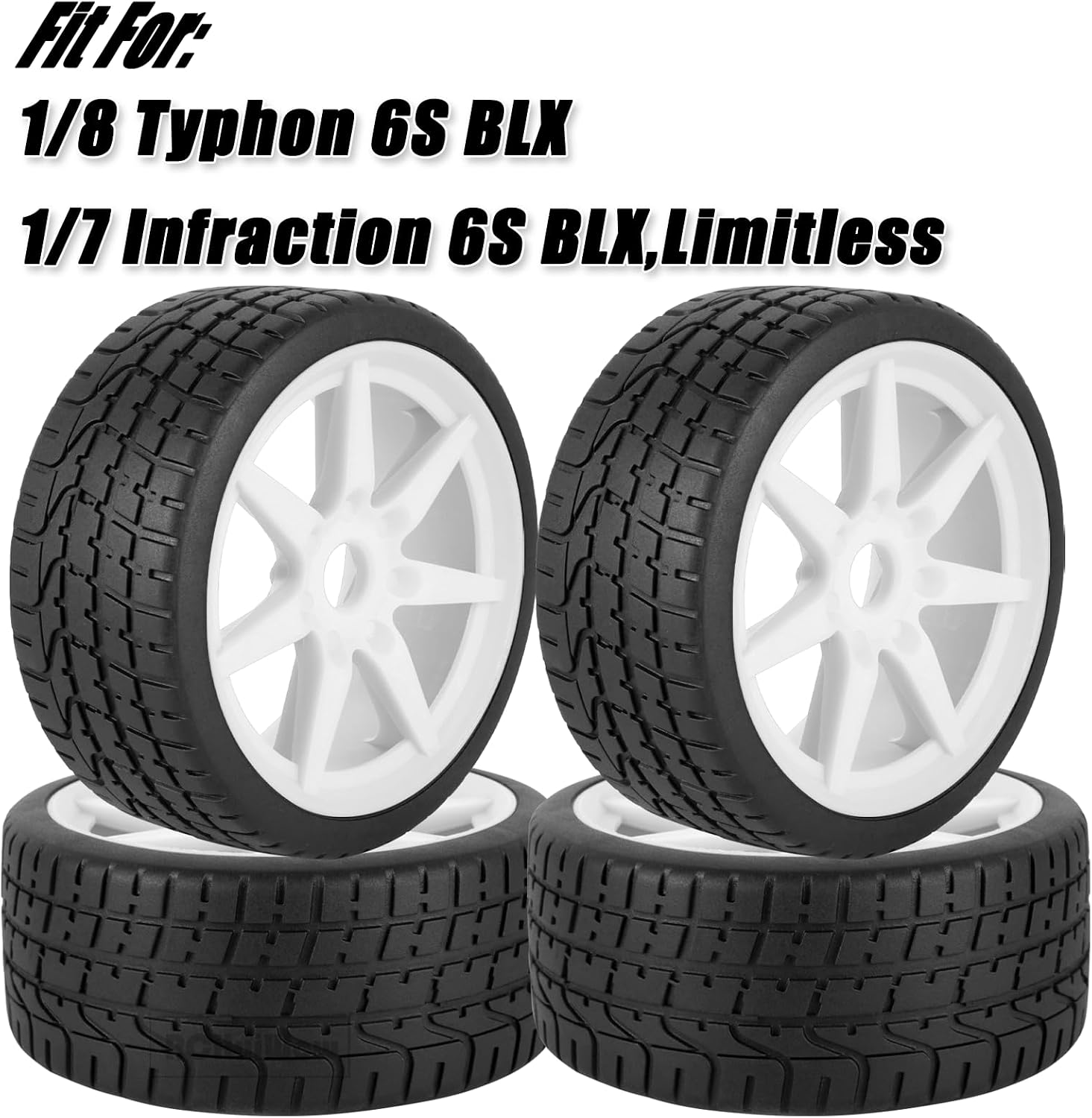 RC Buggy Wheels and Tires for 1/8 Typhon 6S BLX,1/7 Infraction 6S BLX,Limitless Buggy Off-Road Car,Pre-glued Buggy Tires Tyre and Wheels,4pcs,White