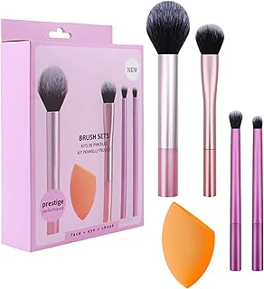 مجموعة فرش مكياج احترافية من ديل هانت، 4 فرش + إسفنجة مزج، لون وردي