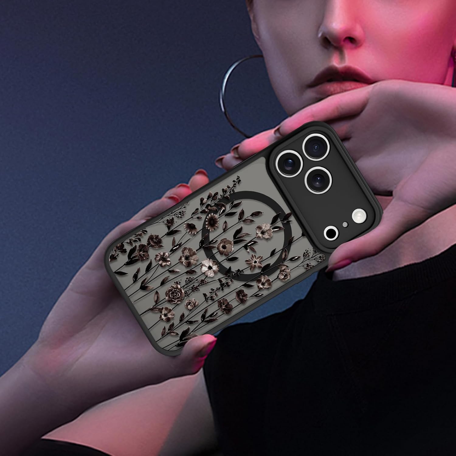 Magnetic for iPhone 17 Pro Case [Compatible with MagSafe] Cute Flower Floral Print Pattern Design, Slim Bumper Translucent Matte Protective Cover for Women Girls, Black
