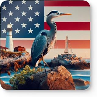Set of 4 Premium Coasters - USA Flag Background with Plymouth Rock, Great Blue Heron, Carolina Wren