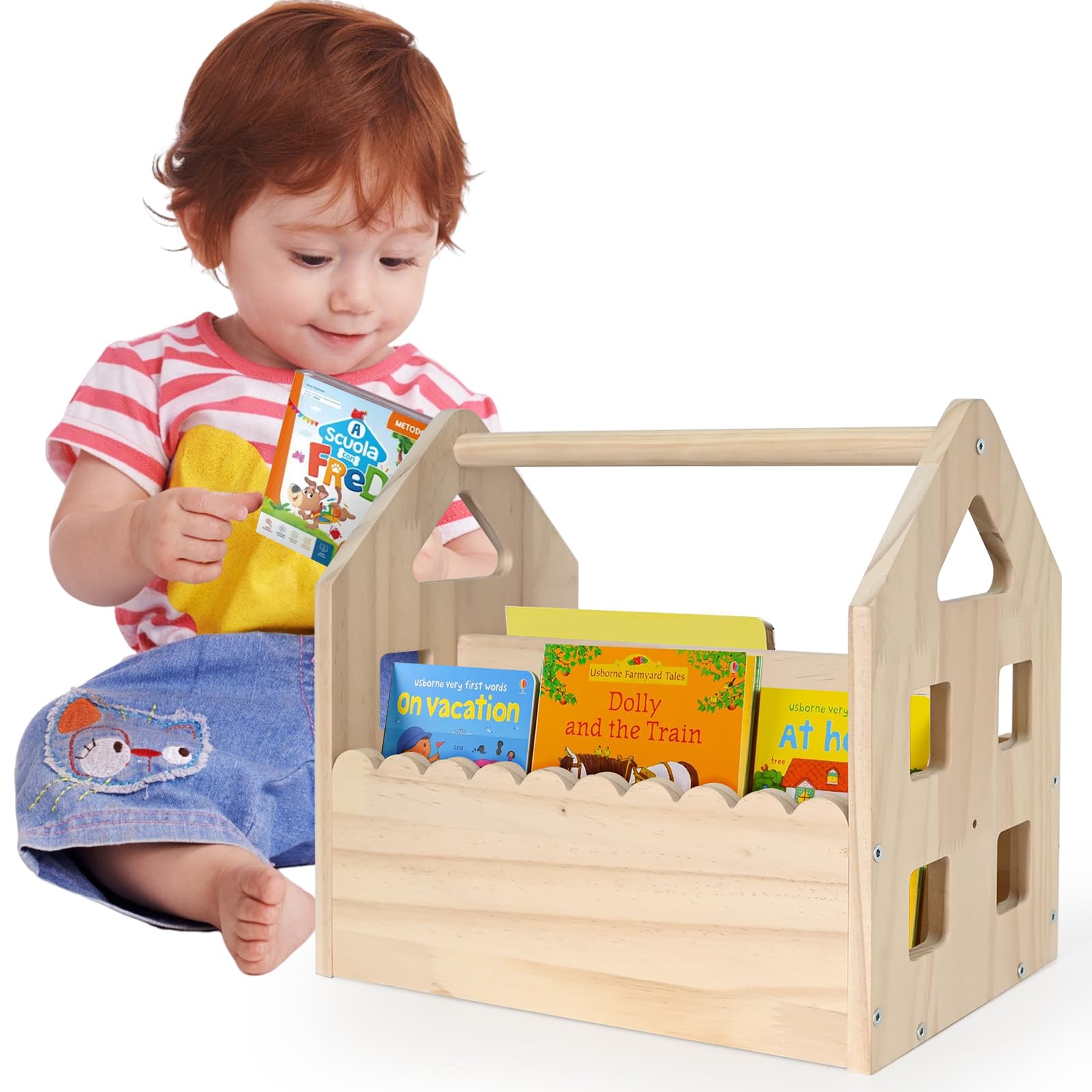 Estantería infantil de madera de pino Montessori, con asa, 2 estantes, pequeña, para habitación infantil, organizador de juguetes, 29,5 x 30,5 x 20 cm