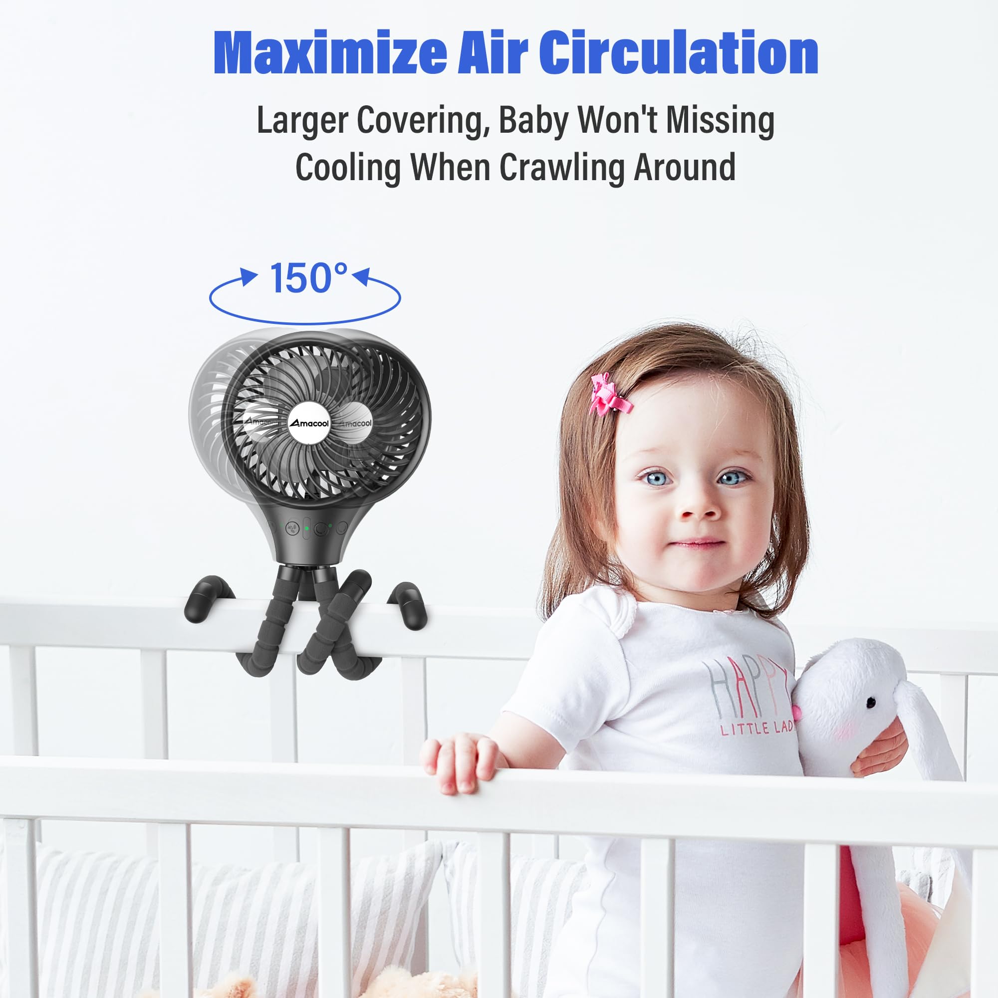 AMACOOL Ventilatore a batteria, oscillante portatile a clip con treppiede flessibile a 3 velocità, per seggiolino auto, culla e tapis roulant da viaggio