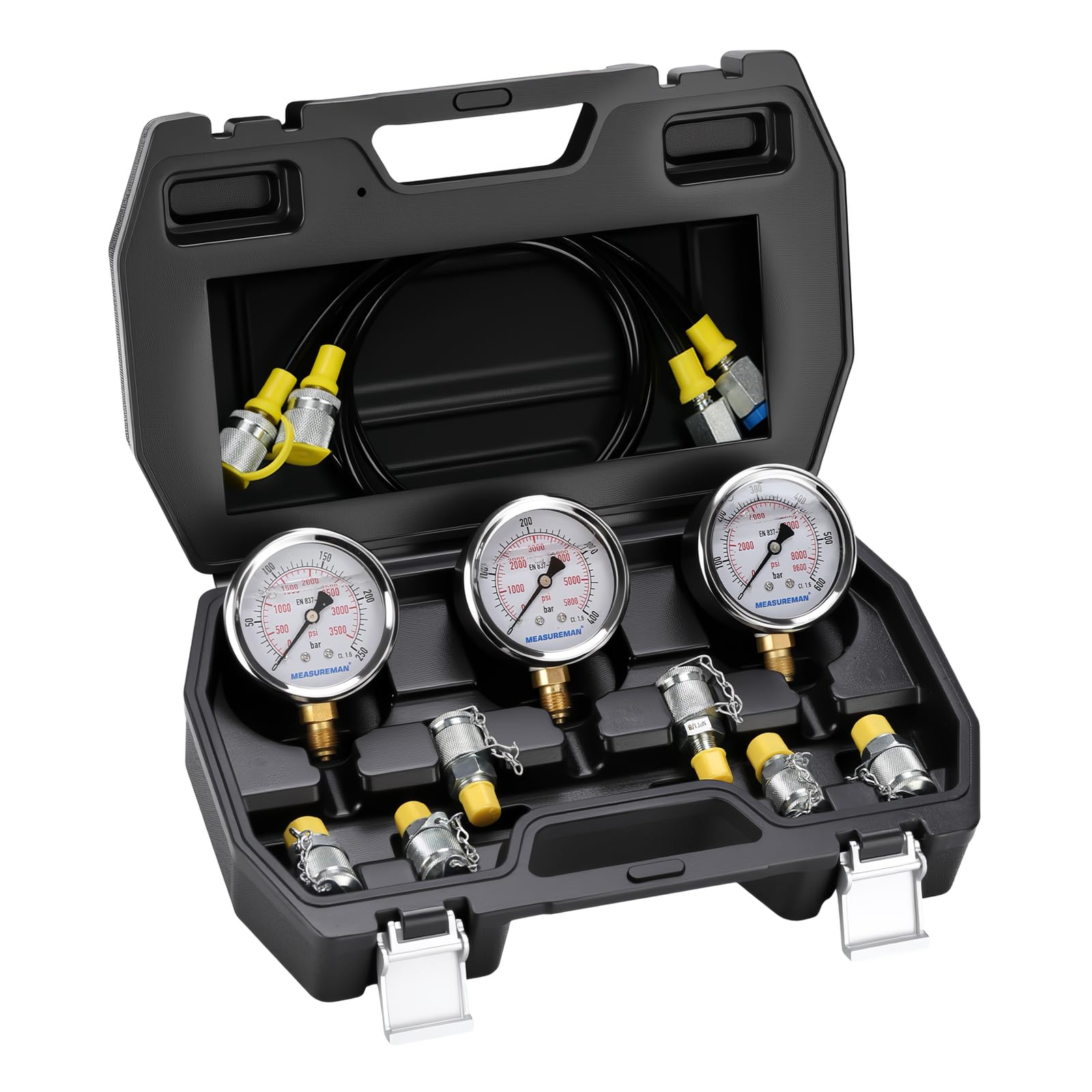 Kit de Test de Pression Hydraulique, comprenant 3 manomètres (250/400/600 bar), 2 durites, 6 raccords de test, destiné aux systèmes de machines de construction, fourni dans un étui résistant