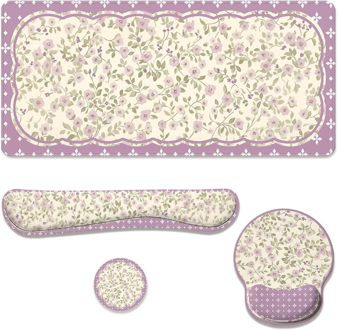 Floral Desk Mat Set Pink Vintage Aesthetic Large Mouse Pad with Wrist Rest 4in1 Desk Mat for Desktop Ergonomic Keyboard Wrist Support Anti-Slip Computer Ergonomic Mouse Pad Home Office Gaming