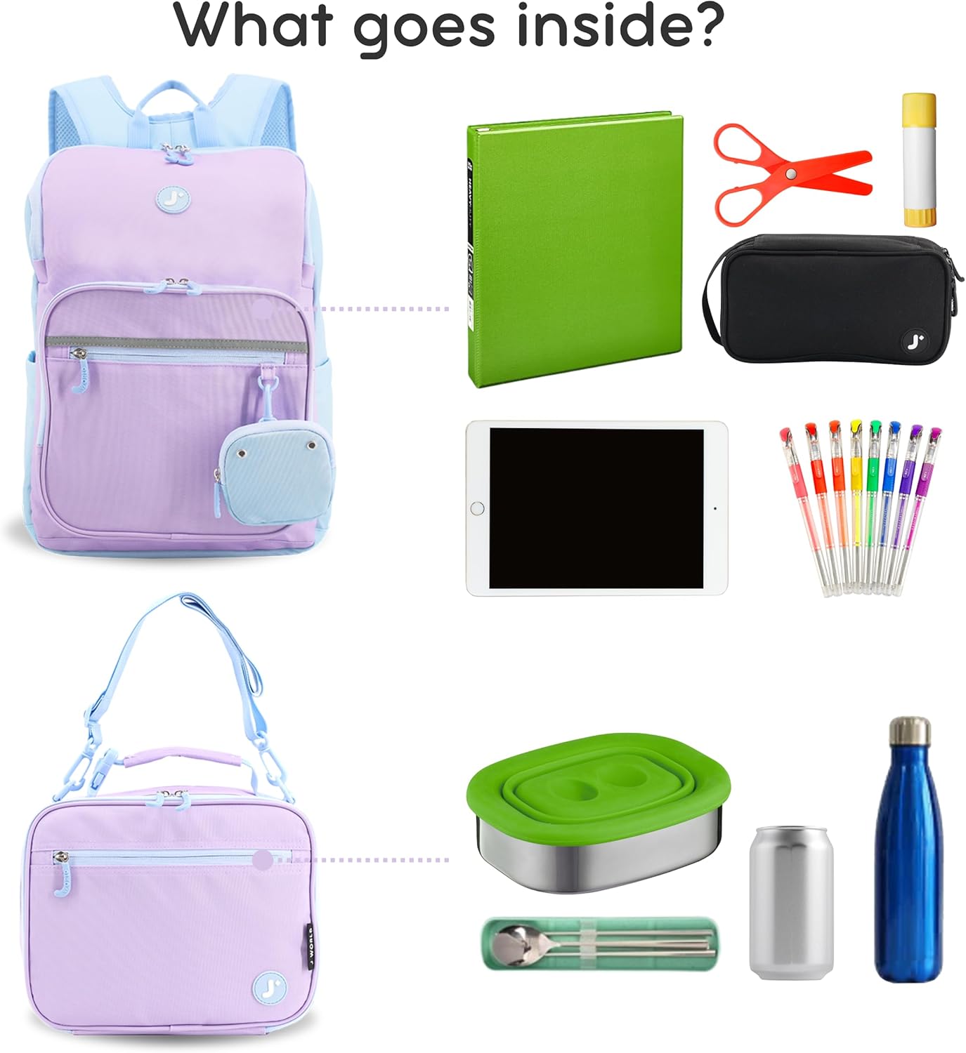 J World New York Junior Set Kids Backpack with Lunch Box. School Bookbag and Lunch Bag, Purple