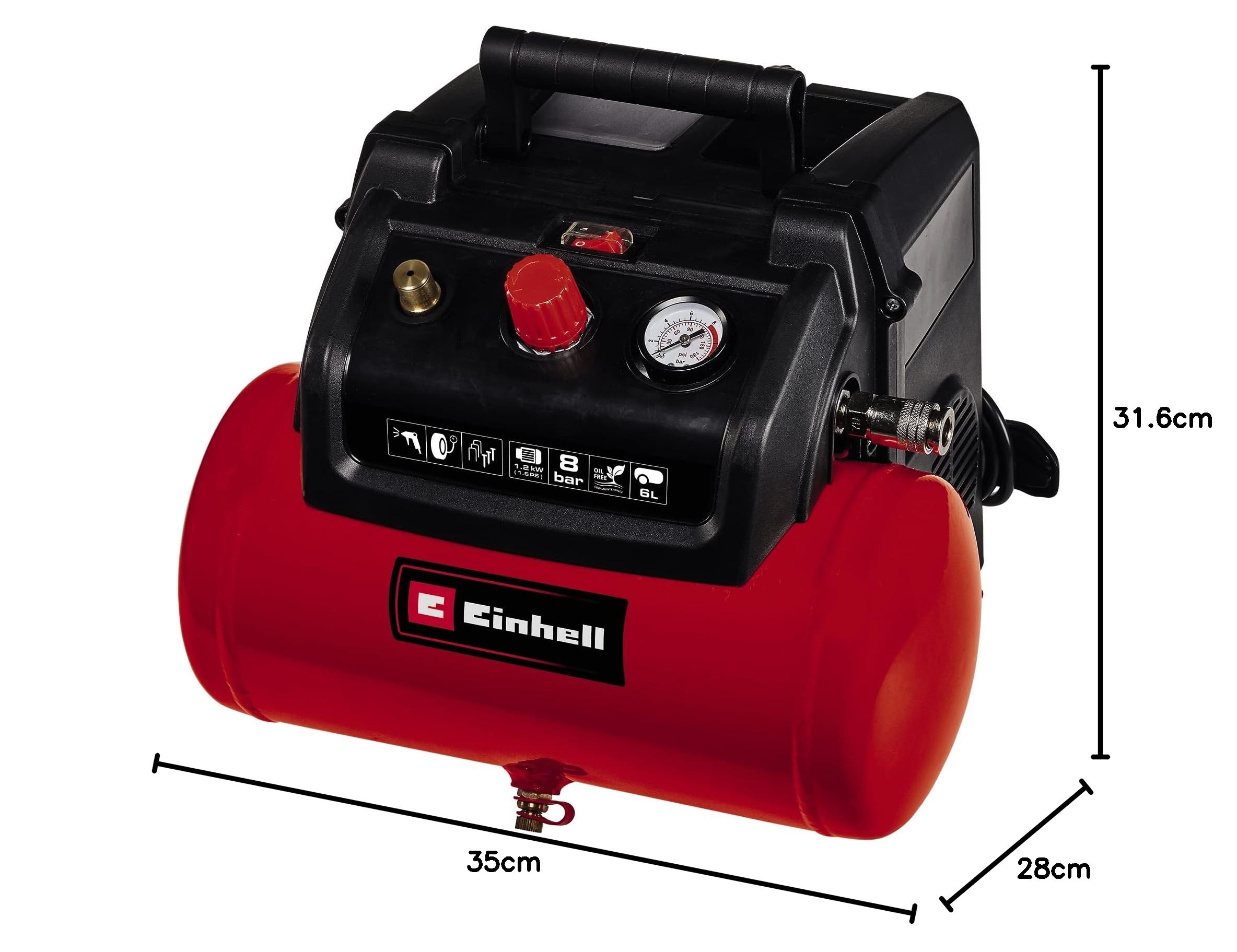 Einhell Kompressor TC-AC 190/6/8 (1,2 kW, max. 8 bar, 190 L/min Ansaugleistung, 6 Liter Tank, ölfreie Pumpe, Manometer, Schnellkupplung)