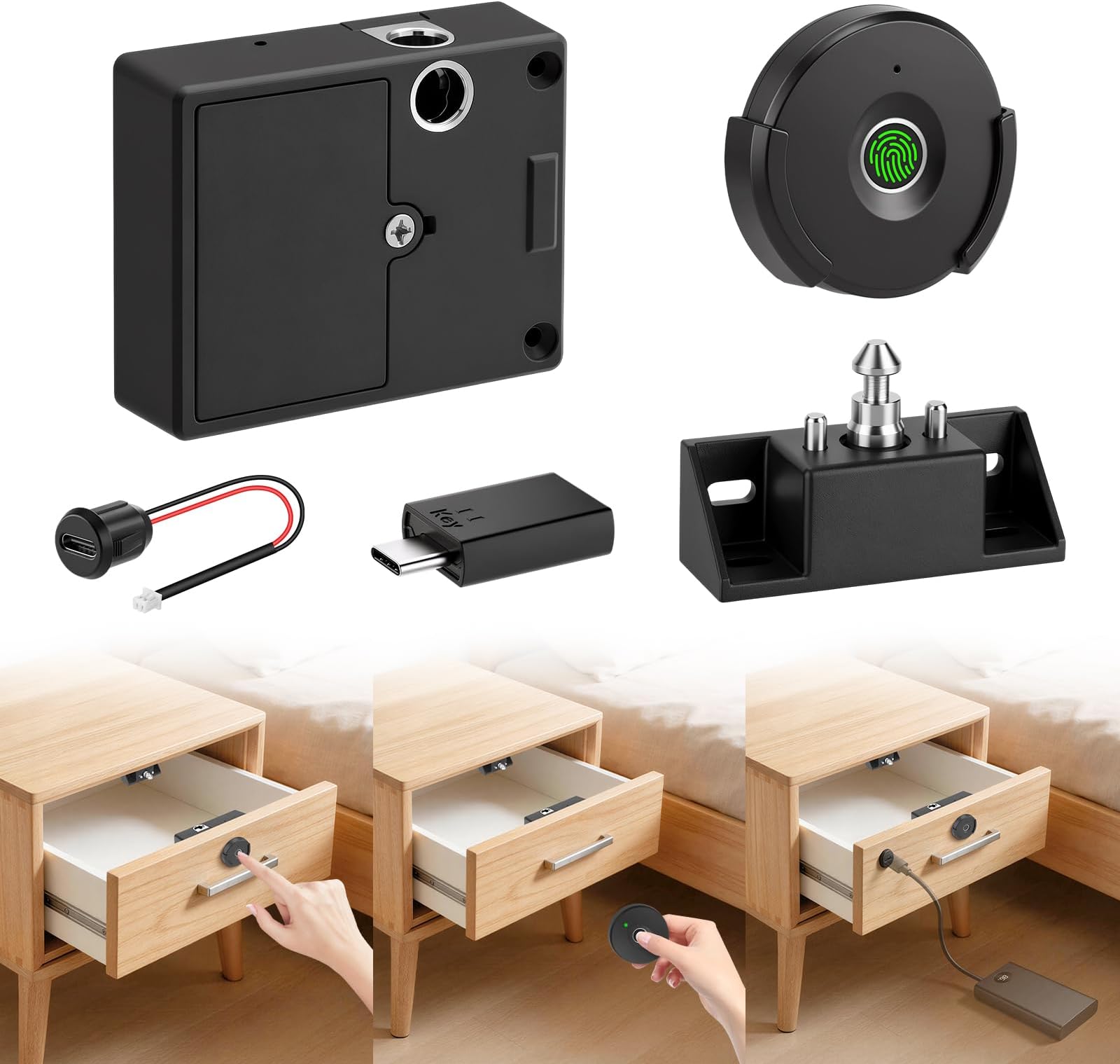 Fingerprint Remote Control Cabinet Lock, Fingerprint Remote Unlocking Within 10m, Hole-Less Lnstallation, Keyless Hidden File Drawer Wardrobe Lock, Lock for Home,Office, Closet Sliding Doors