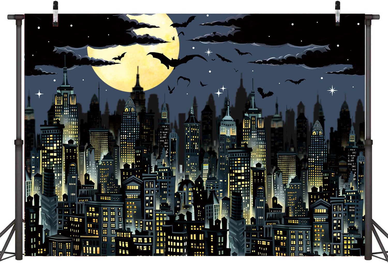 Super City Photography Backdrop 8x6FT Yellow Full Moon Skyline Cityscape Superhero Background City Theme Boys Birthday Party Banner Decorations Photo Props - View #6
