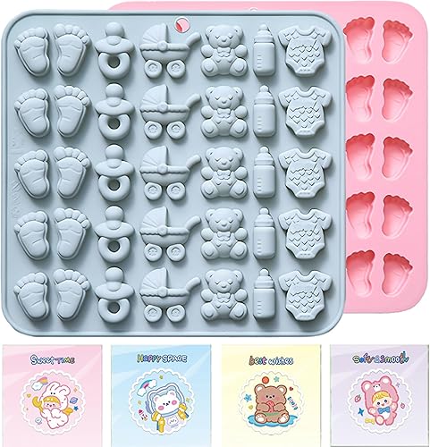 Paquete de 2 moldes de chocolate para baby shower con bolsas de caramelos, molde de silicona para pies de bebé, biberón, carro, oso, moldes para